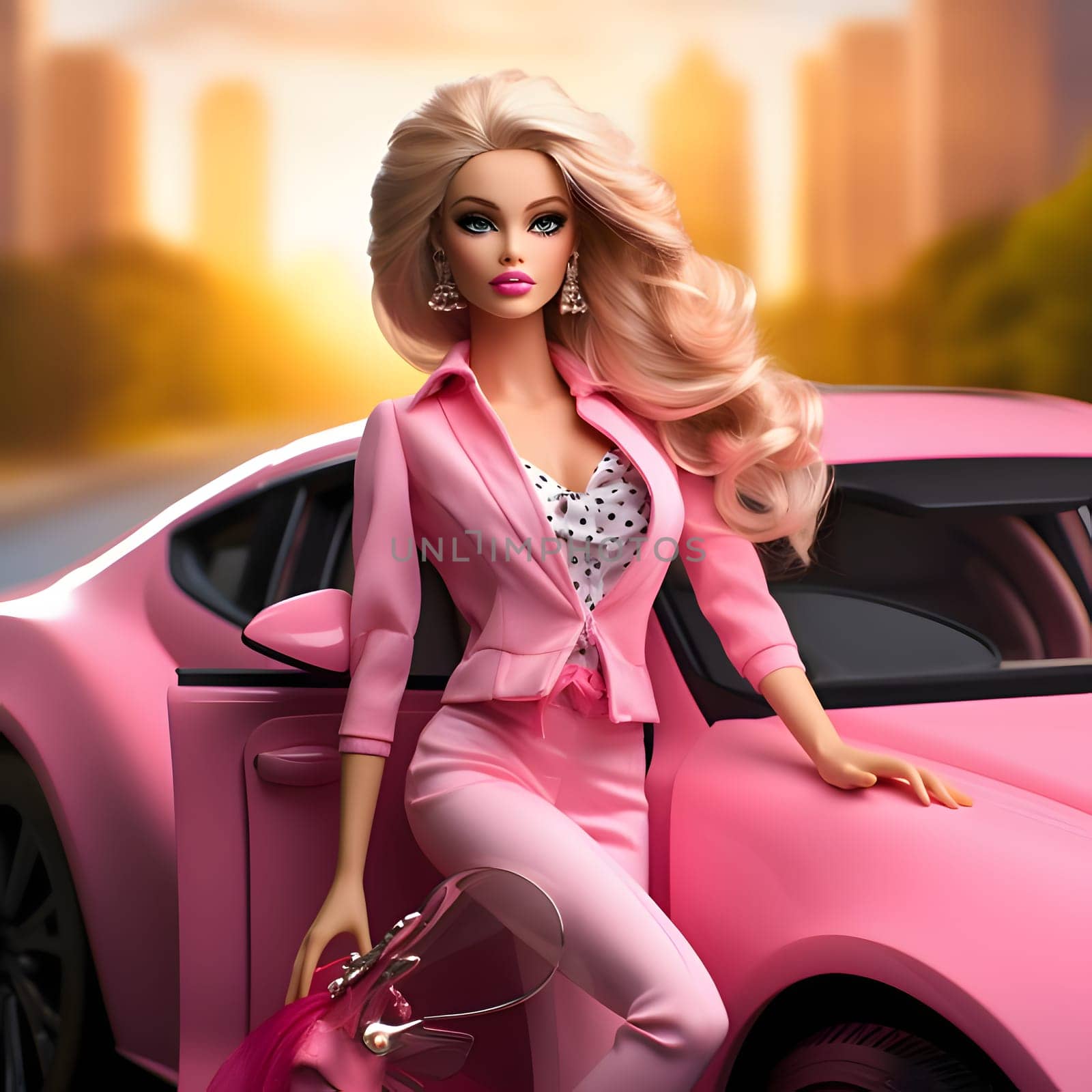 Adorable blonde Barbie doll dressed in pink trousers, standing in front of a sleek pink modern car, with a blurred background. Front view.