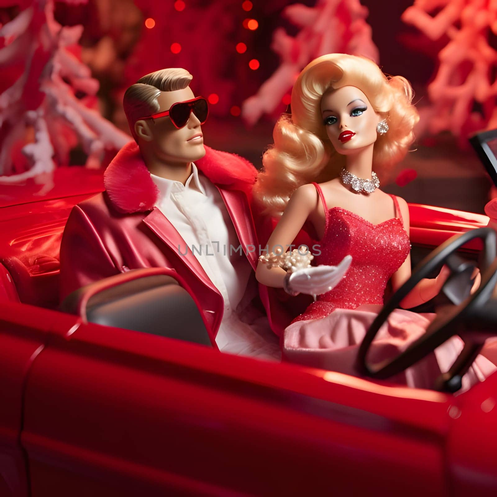 Blonde Barbie doll with blonde hair and red dress, with Ken sitting together in a red car, red background. by ThemesS