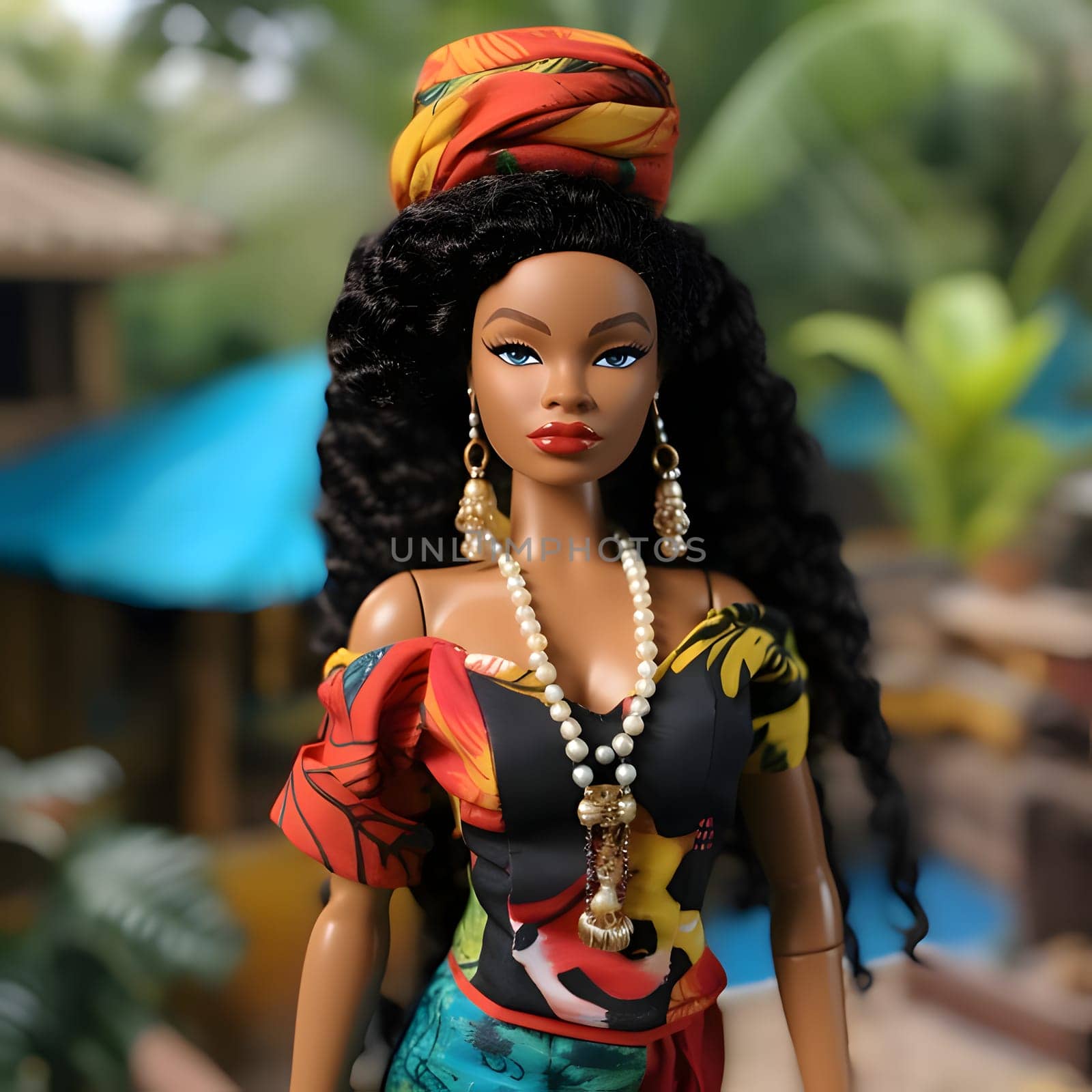 Black Barbie with black hair and a colorful top and turban on a blurry background. by ThemesS