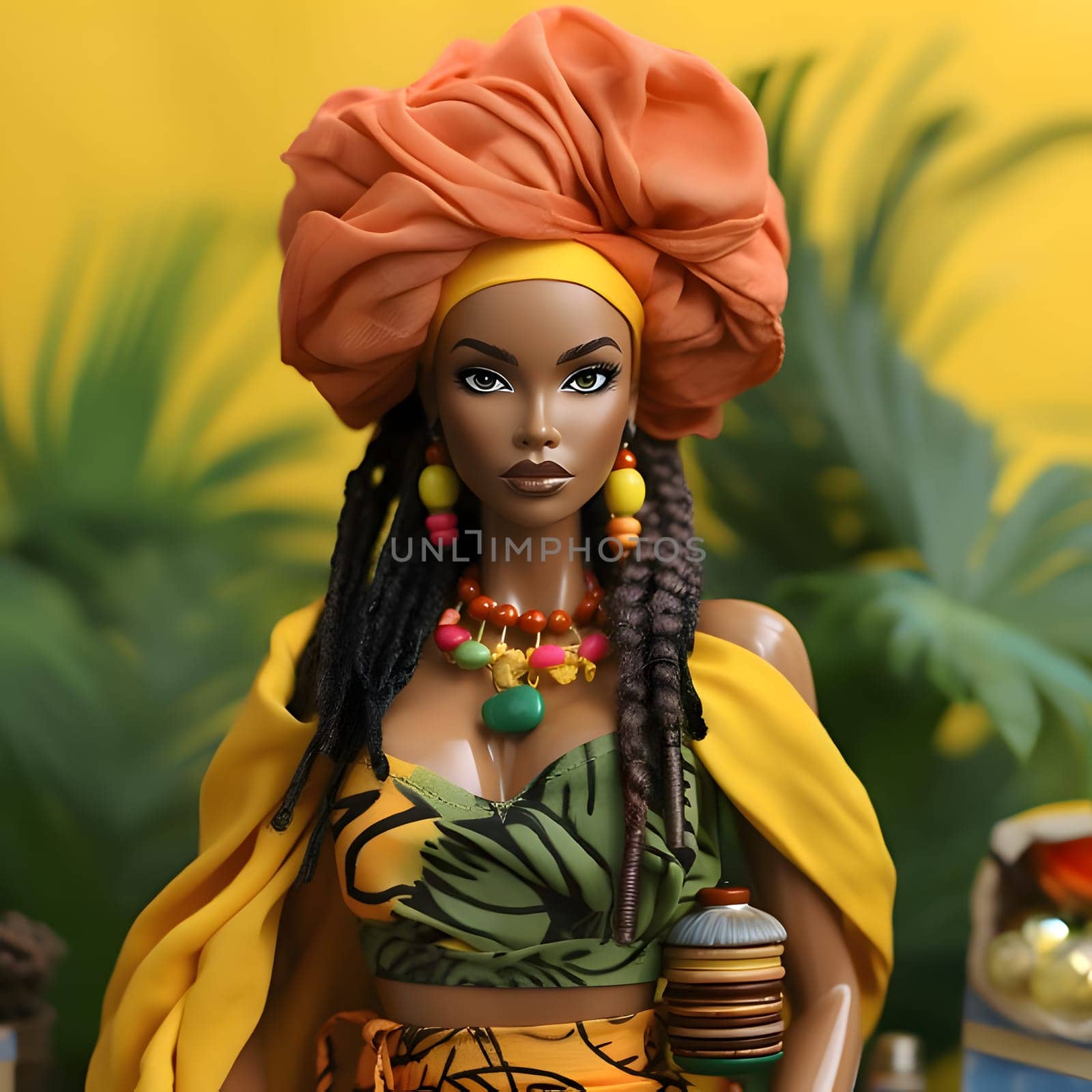 Black Barbie with her luscious black hair, wearing a vibrant colorful top and a stylish turban, stands gracefully against a blurred background.