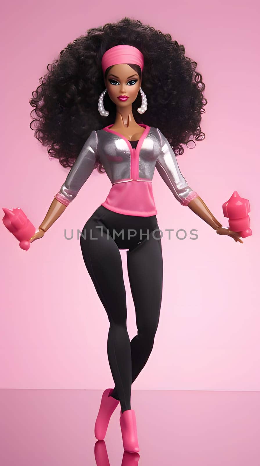 A vertical photo features a black Barbie doll sporting trendy sportswear on a vibrant pink background, exuding confidence and style.