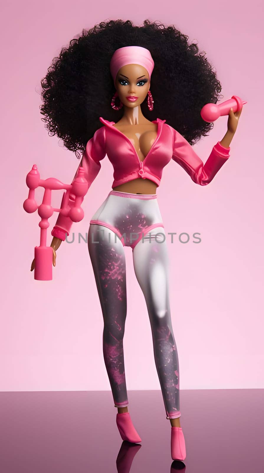 A vertical photo features a black Barbie doll sporting trendy sportswear on a vibrant pink background, exuding confidence and style.