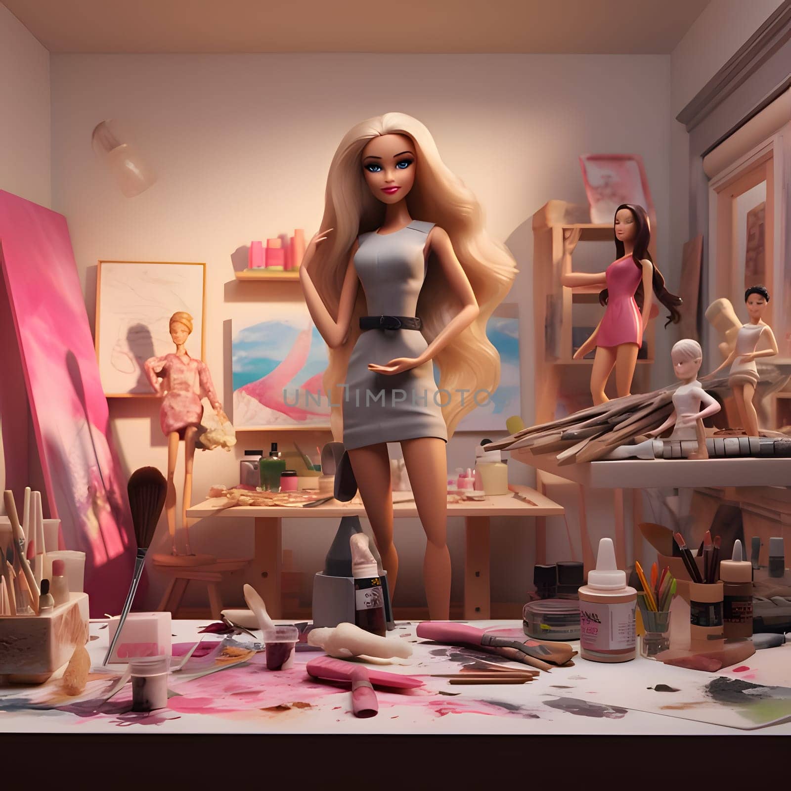 A long-haired blonde Barbie doll is depicted in a painting studio with paints and pencils on the table, showcasing her artistic talents.