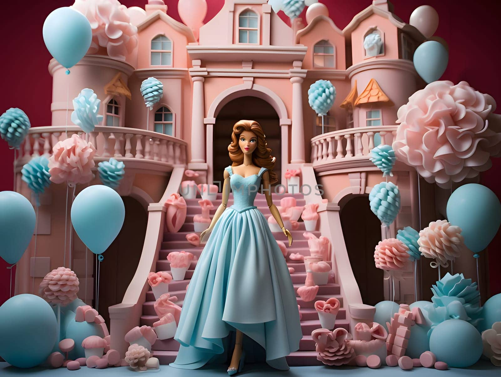 A brown-haired Barbie doll is elegantly dressed in a blue long dress, standing against the backdrop of a pink and blue castle, creating a magical scene.