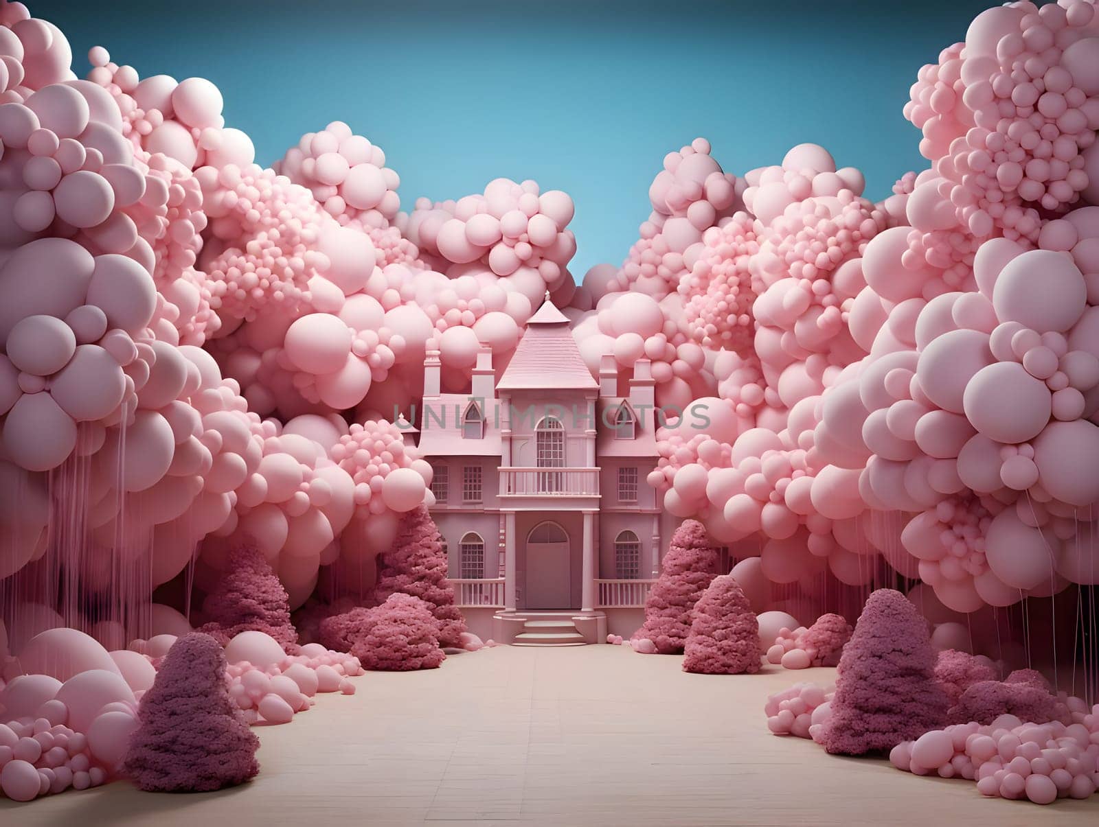 An illustration of a pink land, reminiscent of Barbie's style, with colorful houses, roads, and playful elements.