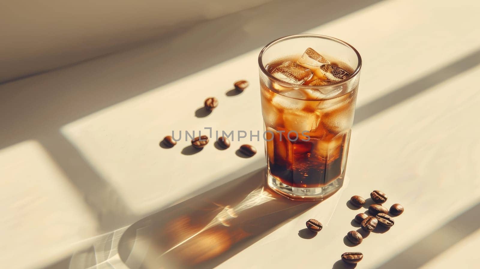 A glass of coffee with ice cubes in it is sitting on a table with coffee beans, Clean composition, Minimal style.