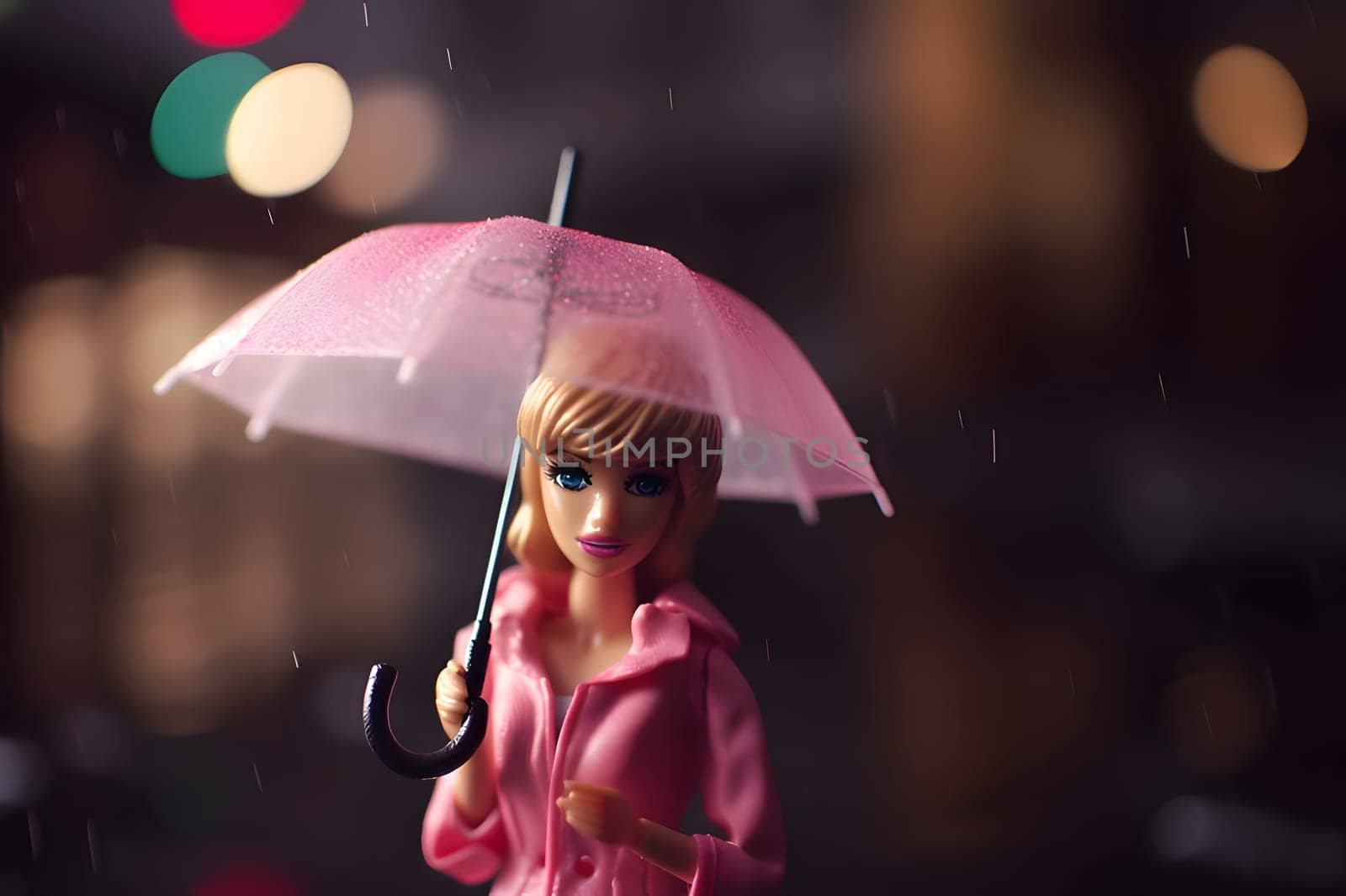 Barbie doll in a pink dress with a pink umbrella in the rain. by ThemesS