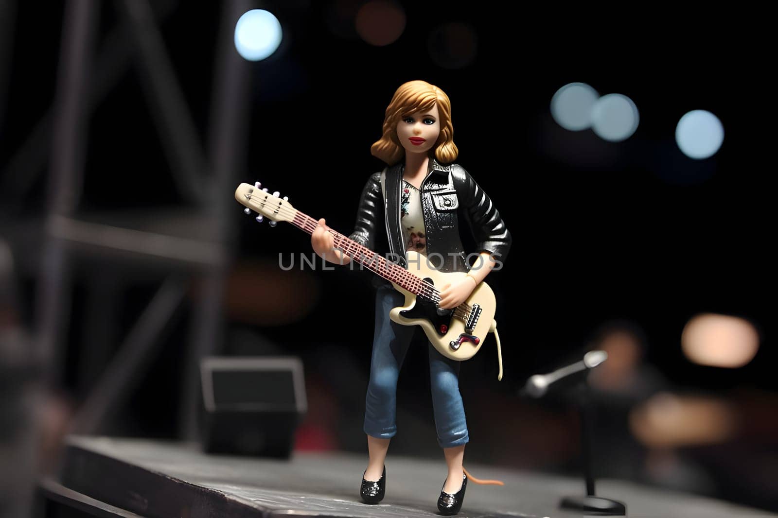 Barbie doll in black outfit with guitar in hand on stage. by ThemesS