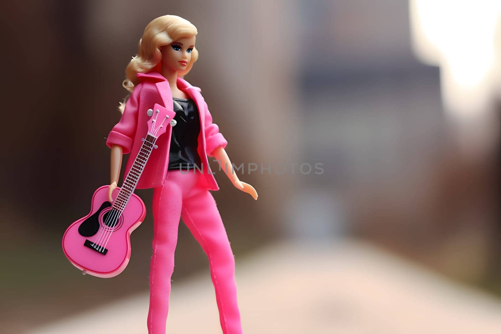 Barbie doll looks fabulous in her pink outfit, holding a guitar on stage, ready to captivate the audience with her music.