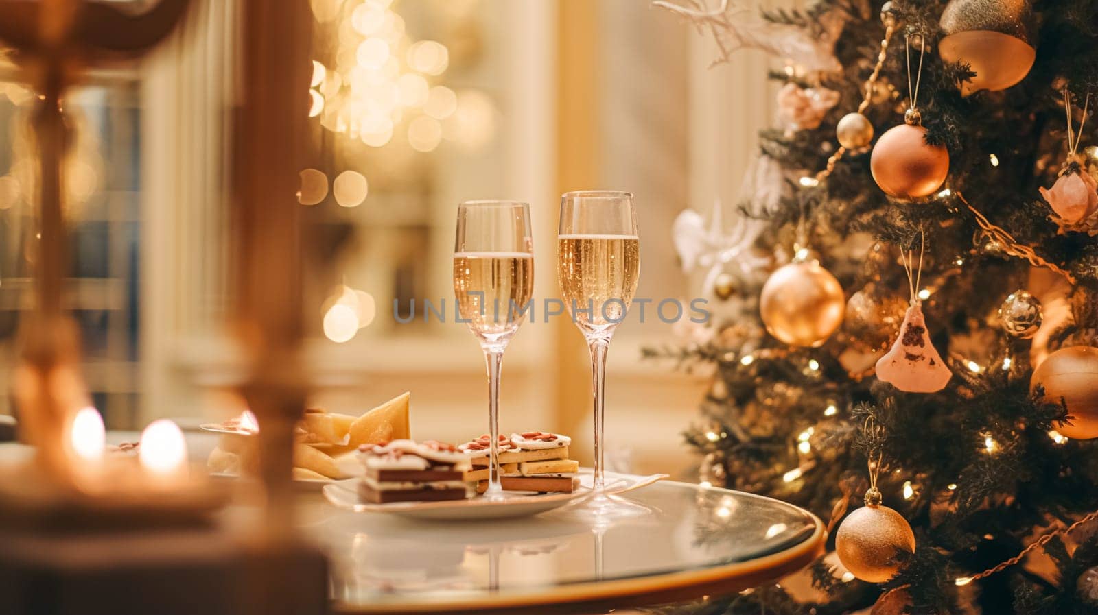 Christmas holidays and New Year celebration, dinner table at a luxury English styled restaurant or hotel, wine, appetisers and Christmas tree decoration, holiday party and event invitation idea