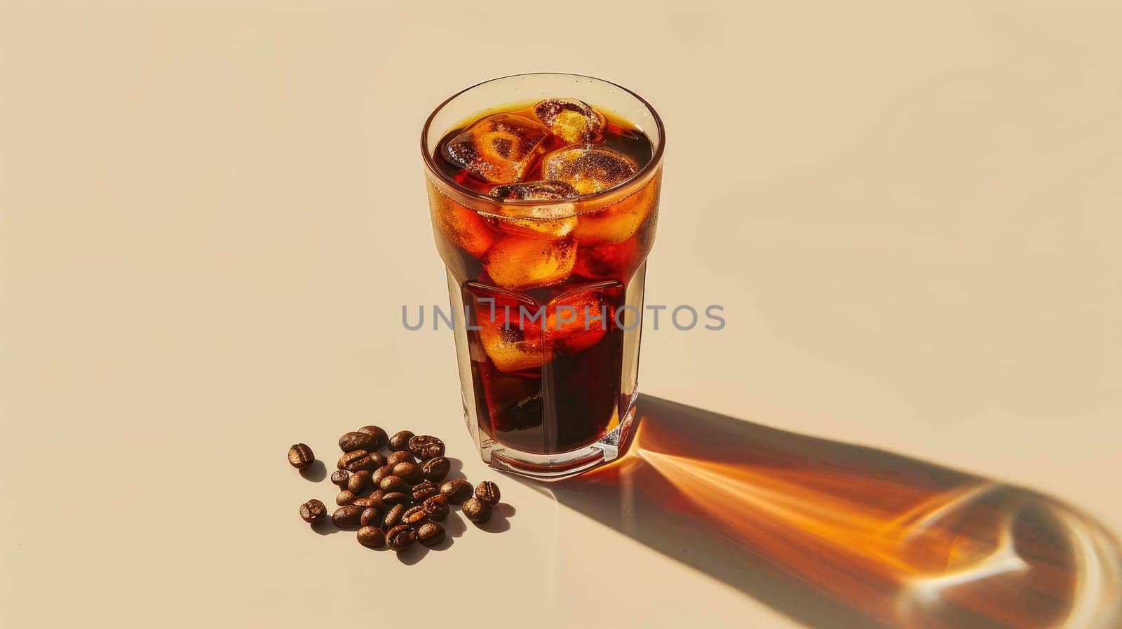 A glass of coffee with ice cubes in it is sitting on a table with coffee beans, Clean composition, Minimal style by nijieimu