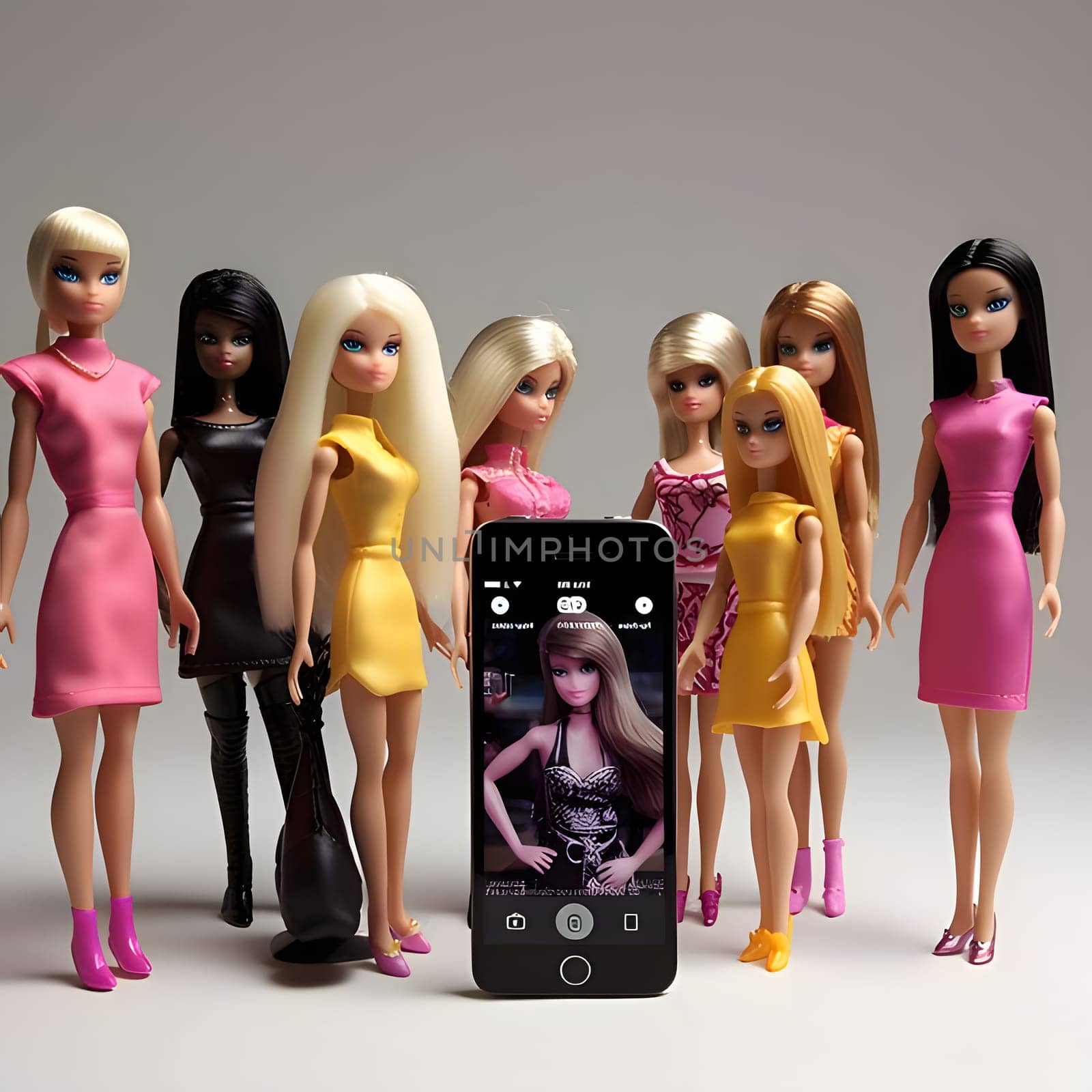 Many barbie dolls in various outfits set up for a photo taken by a smartphone. by ThemesS