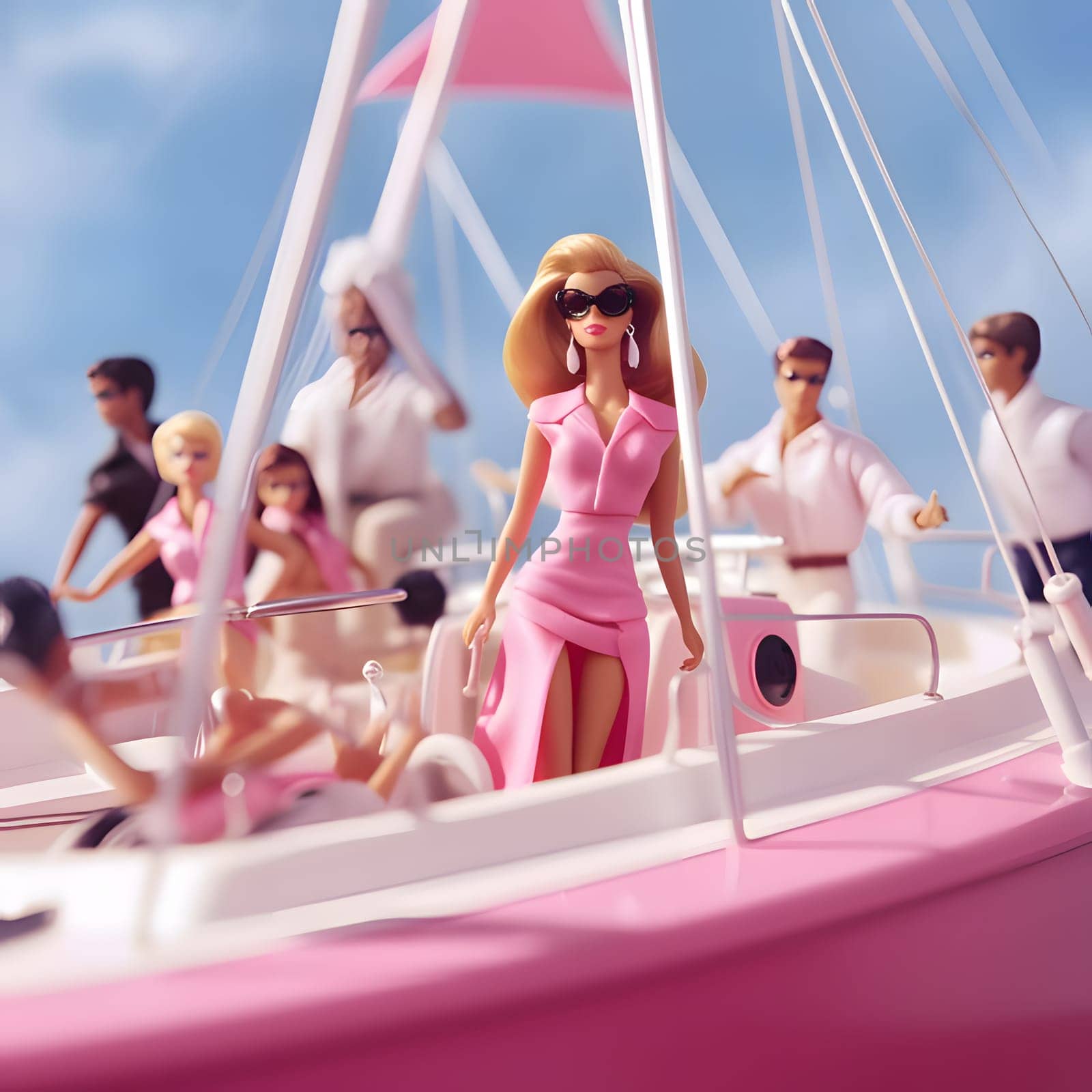 Blonde-haired Barbie shines in her pink dress on a cruise yacht, accompanied by other dolls in the background. A glamorous adventure awaits!