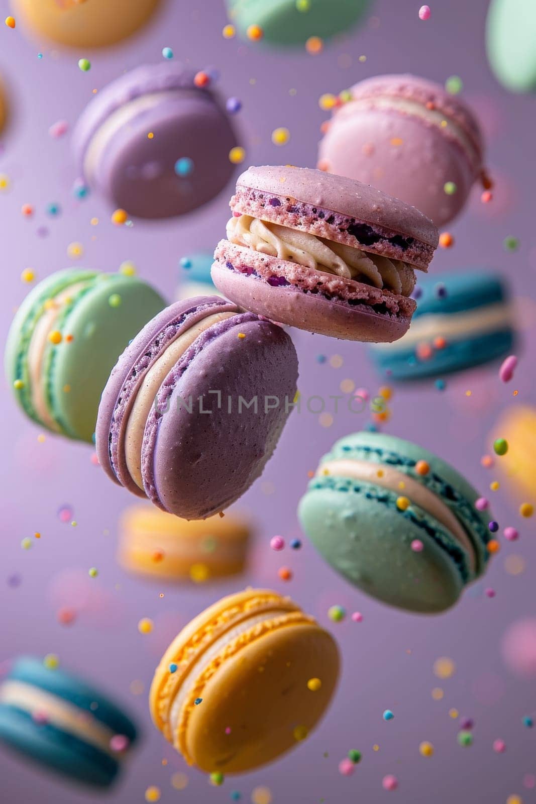 A colorful assortment of macarons are flying through the air, with some of them landing on a blue background. The macarons come in a variety of colors and flavors, including blueberry, raspberry