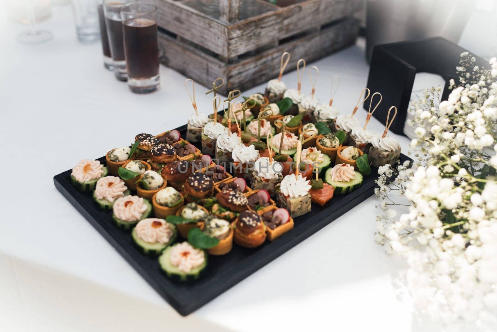 Small Canapes appetizers at the wedding