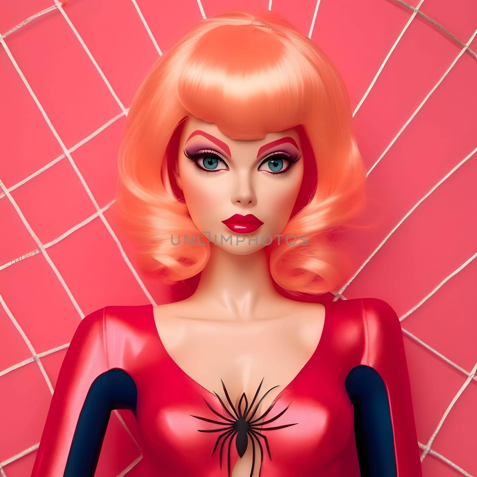 Barbie doll with long blond hair, pink spider outfit, close up picture of head. by ThemesS