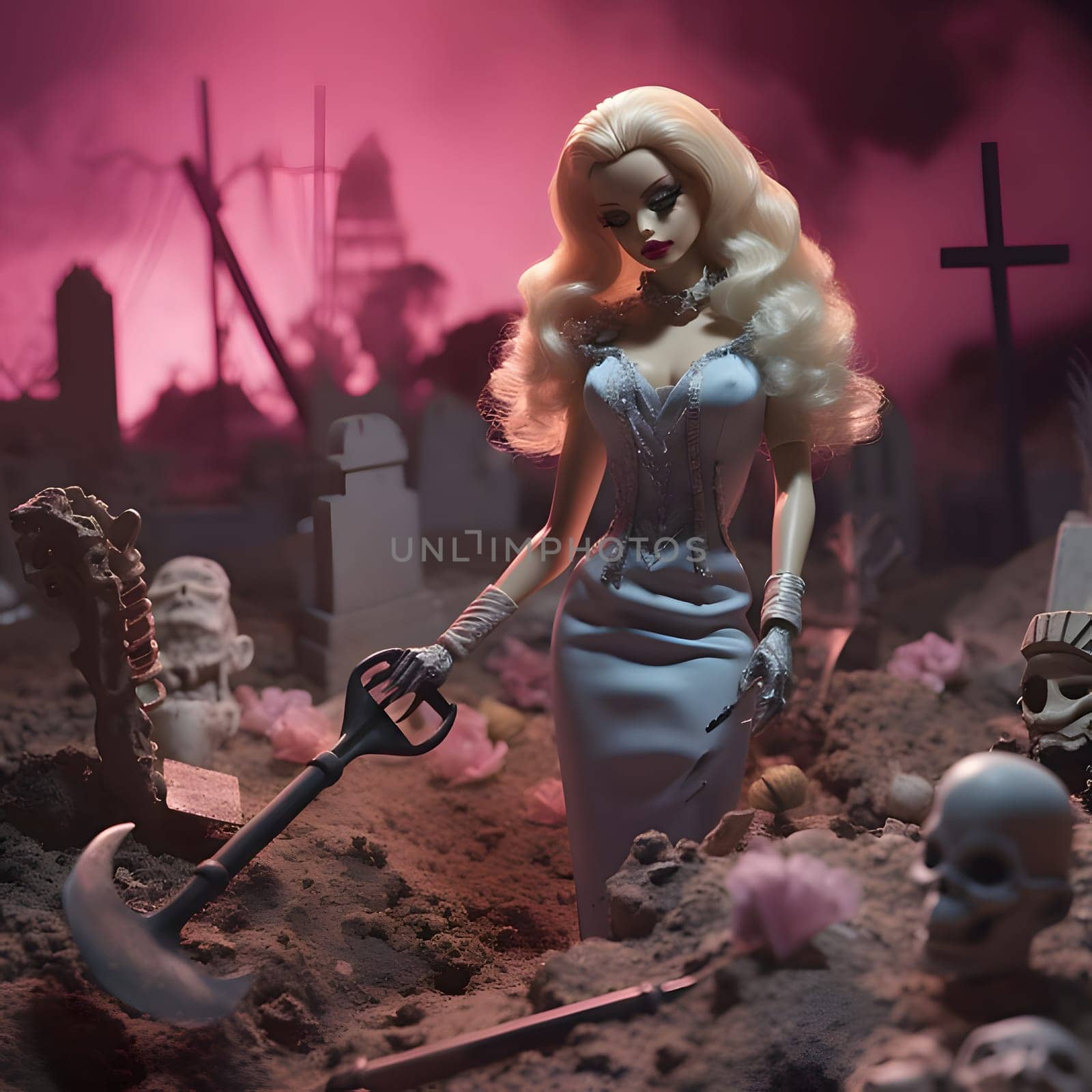 Barbie in a blue dress digs a hole in the cemetery, around skulls and tombstones. by ThemesS