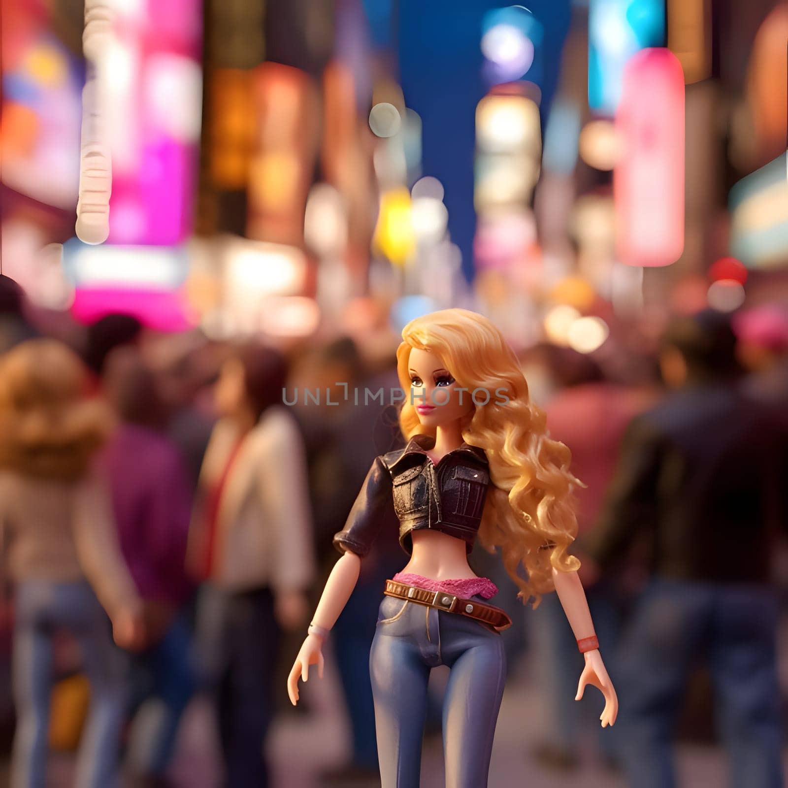 Barbie doll against a backdrop of blurry urban hustle and bustle. by ThemesS