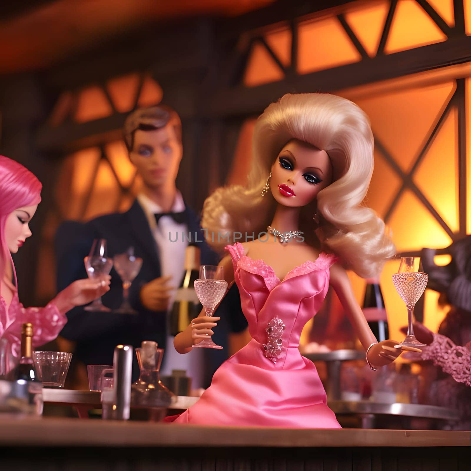 Blonde-haired Barbie in a club surrounded by glasses and alcohol. by ThemesS