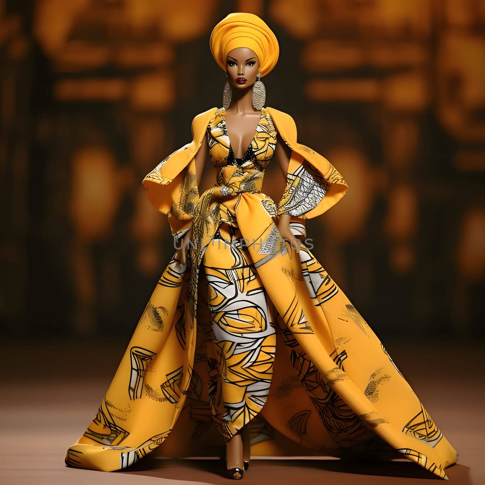 Barbie with a dark complexion, wearing a yellow patterned dress and a yellow headdress, smudged light background. by ThemesS