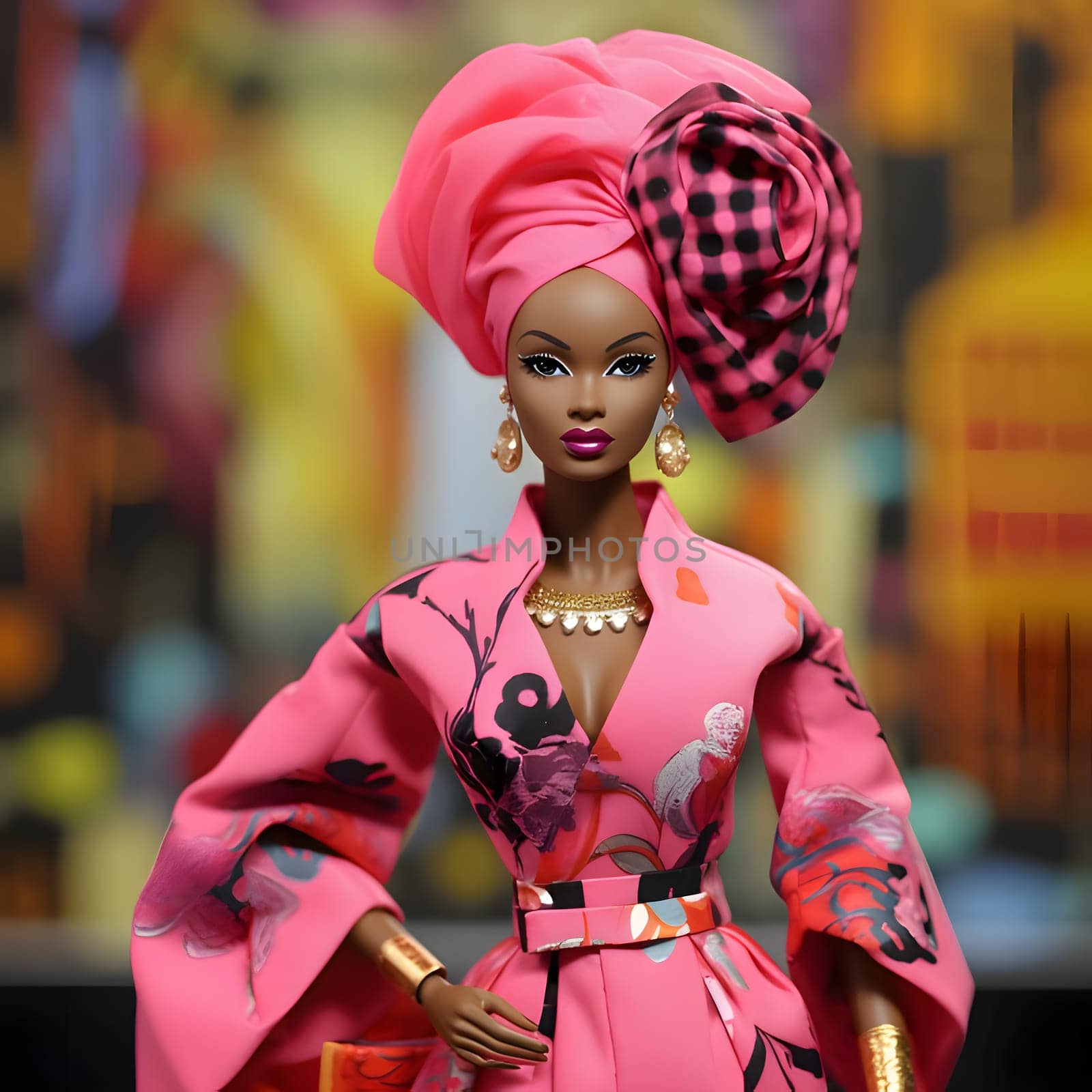 Barbie, with her stunning black complexion, looks charming in her pink outfit against the blurred background, exuding elegance and style.