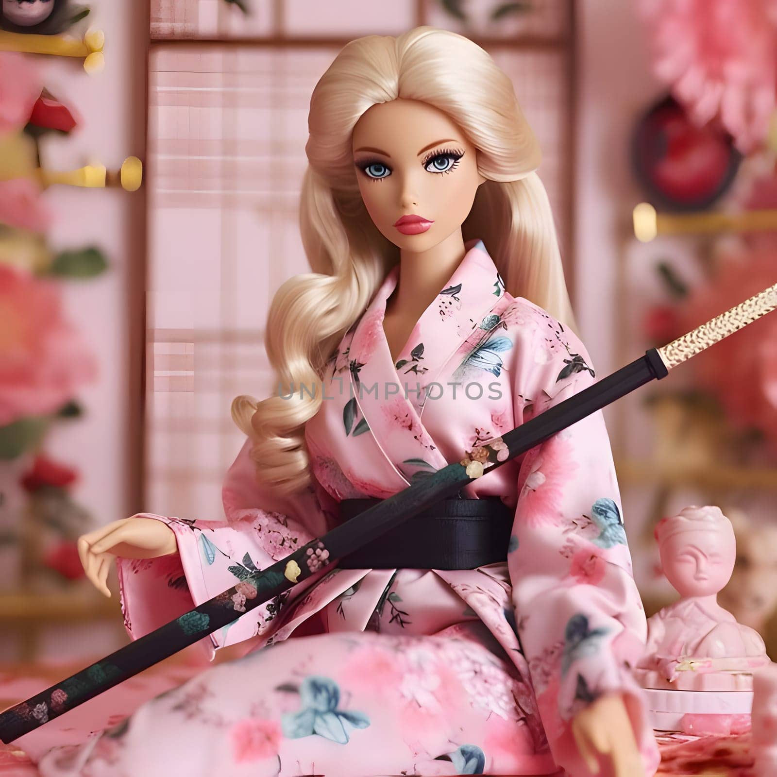 Blonde-haired Barbie exudes elegance and strength in her beautiful kimono, wielding a sword with grace and determination. A perfect blend of tradition and modernity.