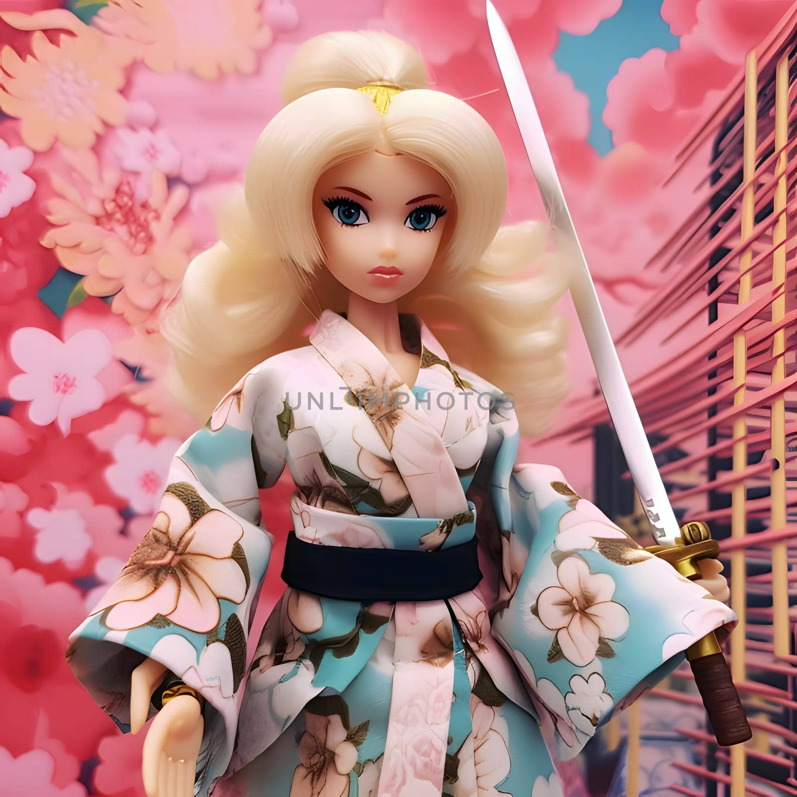 Blonde-haired Barbie exudes elegance and strength in her beautiful kimono, wielding a sword with grace and determination. A perfect blend of tradition and modernity.