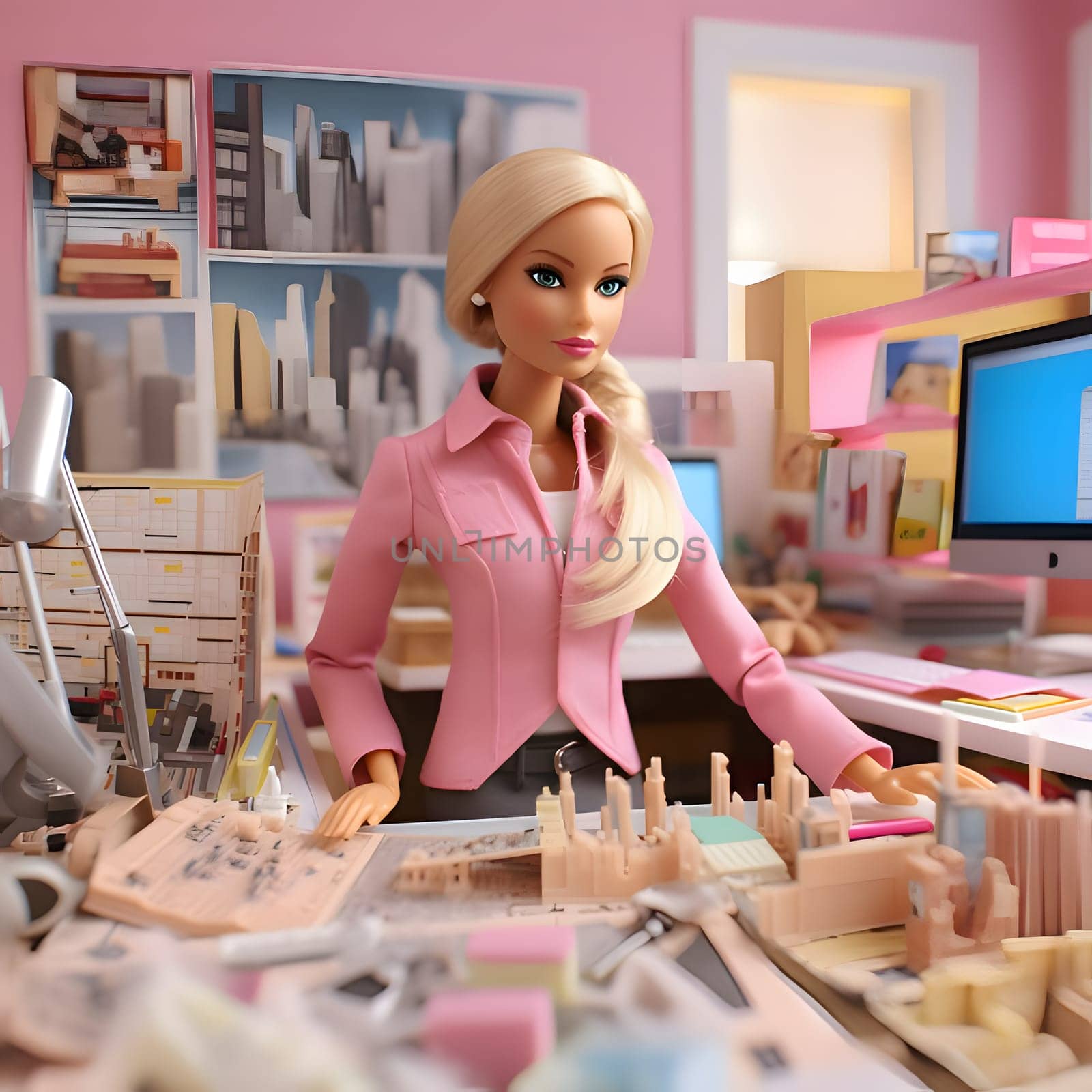 A blonde Barbie doll in a pink outfit is in an office at a table with a model of the city, next to a monitor. by ThemesS