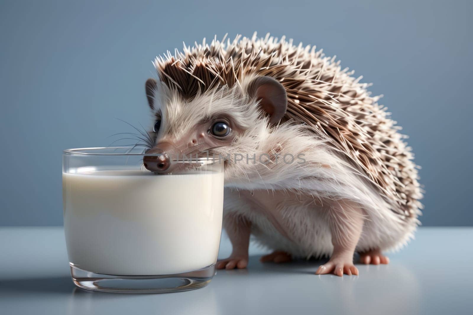 cute beautiful hedgehog and fresh milk in a glass on a blue background by Rawlik