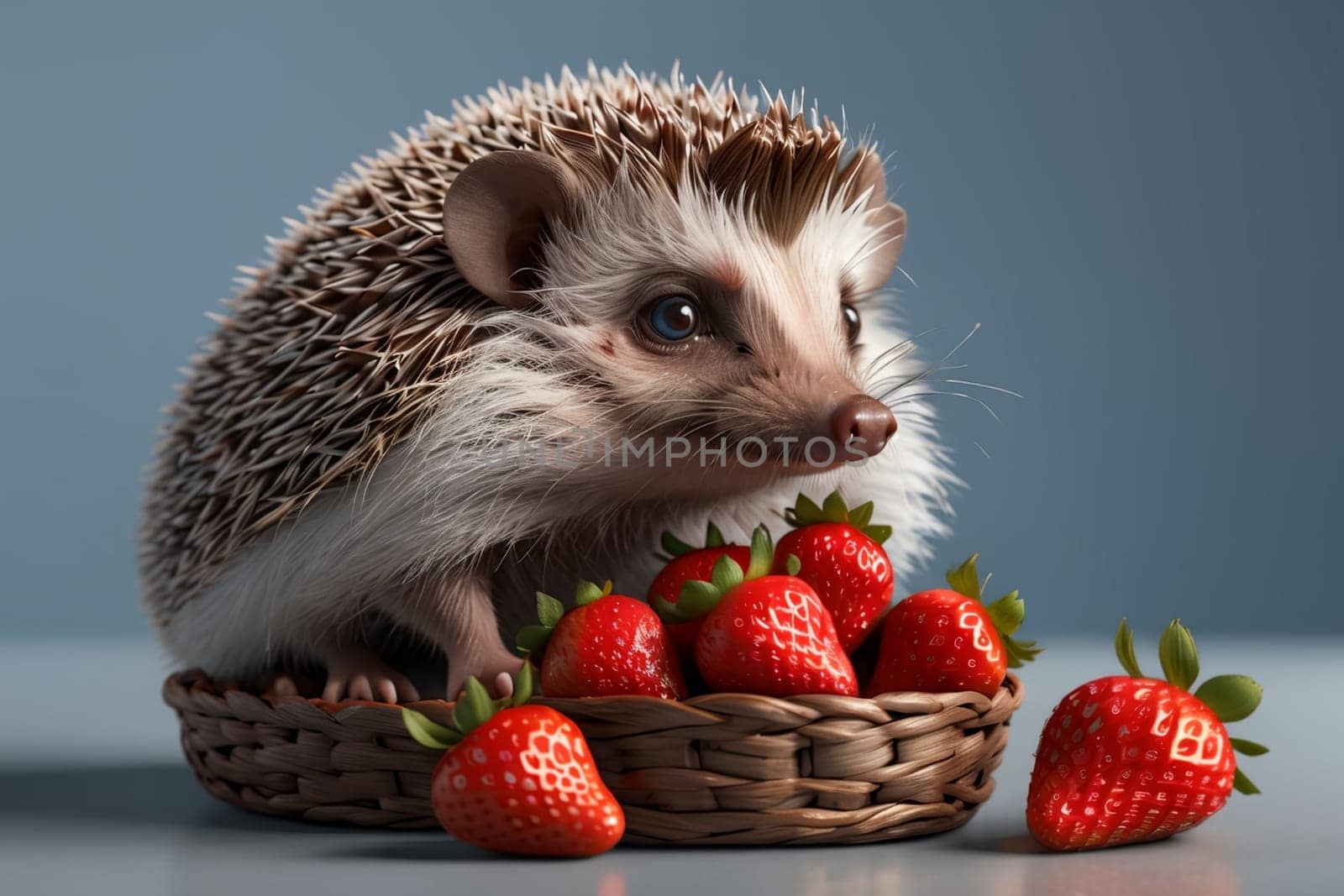 cute beautiful hedgehog and fresh strawberries .