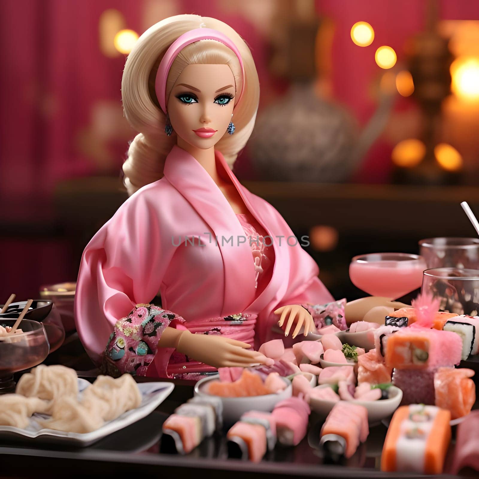 Blonde-haired Barbie dressed in pink attire, sitting at a table beautifully set with sushi delicacies.