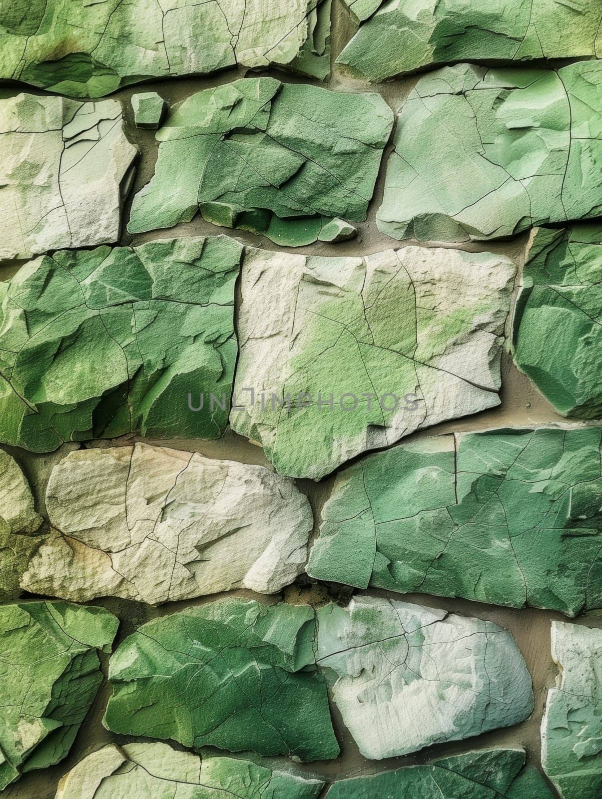 Close-up of cracked green paint on stone creating a textured look