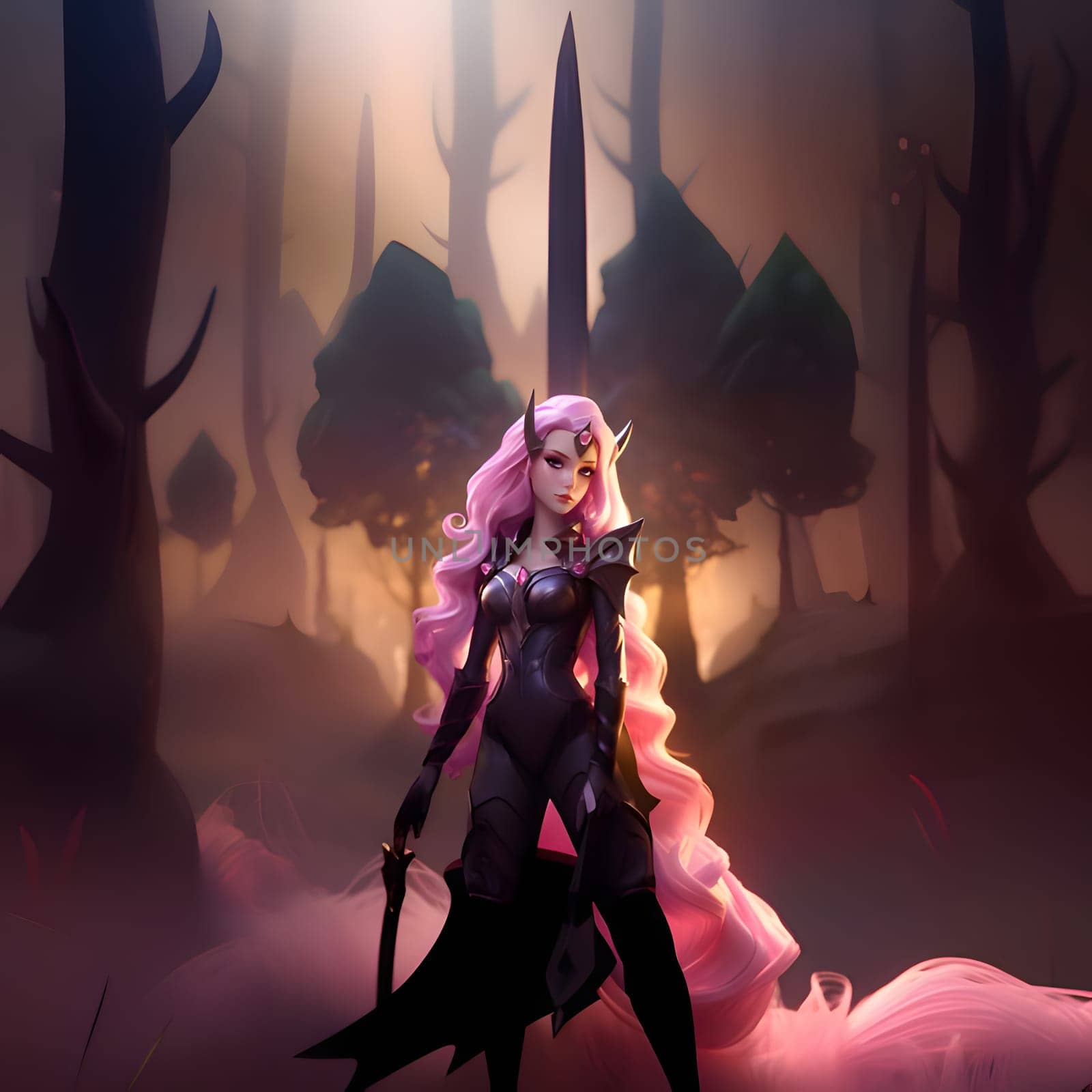 An illustration of a game character, a girl with long pink hair and a black outfit, holding a magical wand in her hand, ready for adventures.