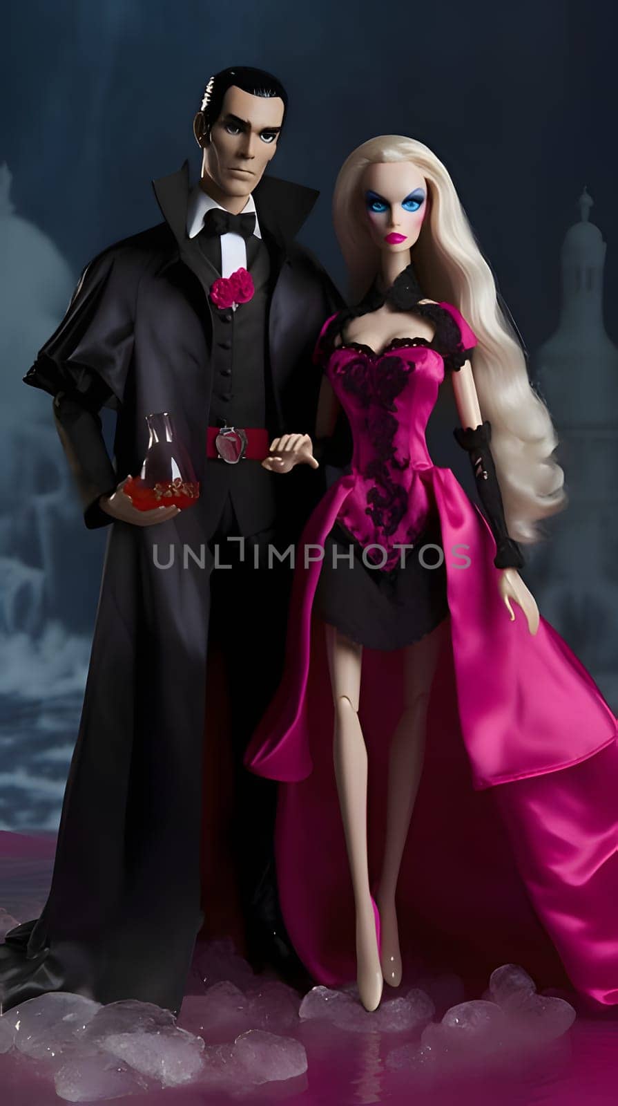 Dark Barbie, clad in a stylish black and pink ensemble, stands alongside a mysterious vampire adorned in a black suit and coat.