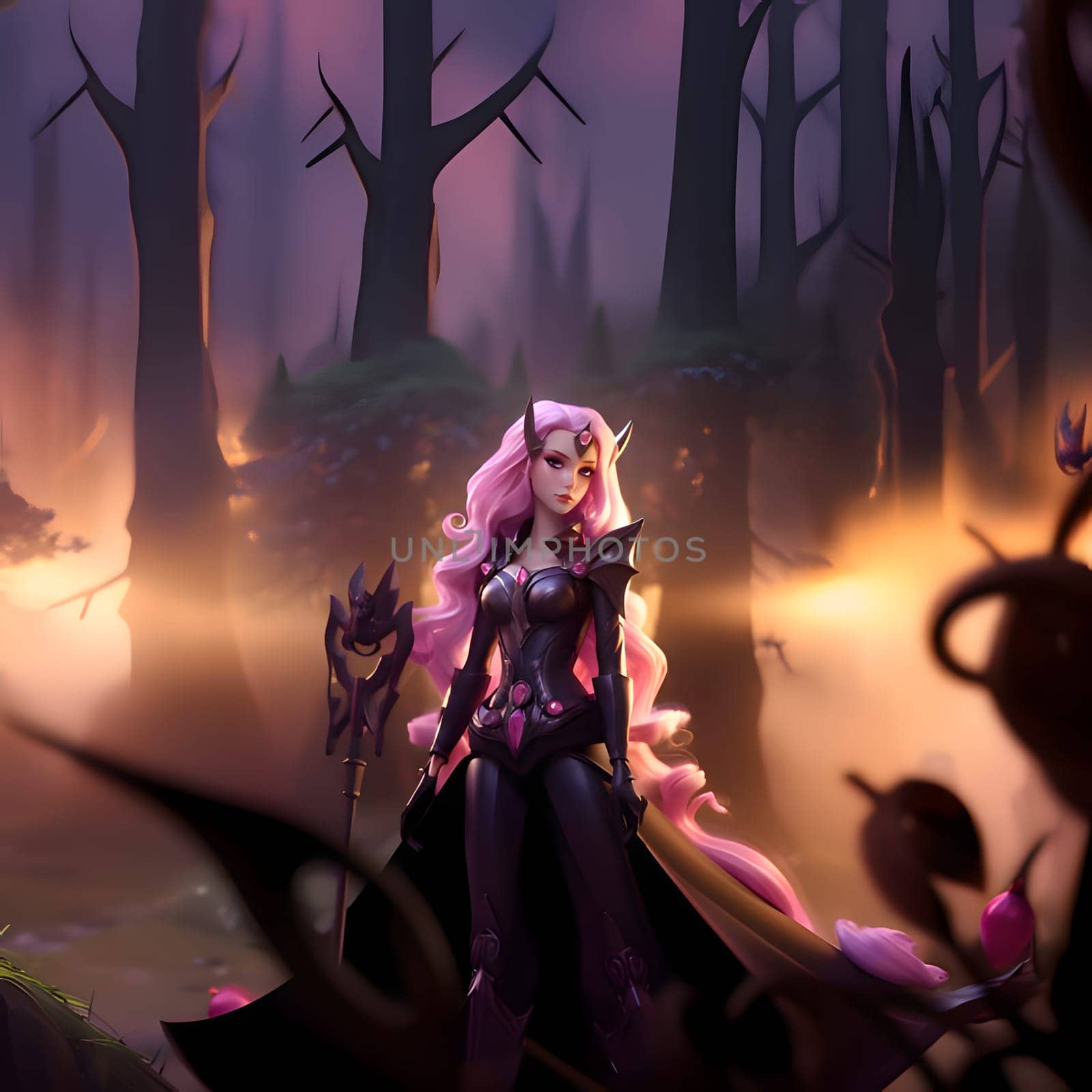 Illustration of a girl in long pink hair and black outfit with a wand in hand. Game character. by ThemesS