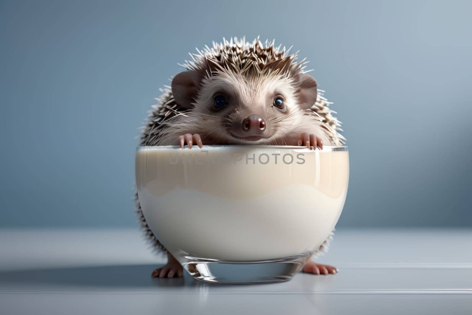 cute beautiful hedgehog and fresh milk in a glass on a blue background .