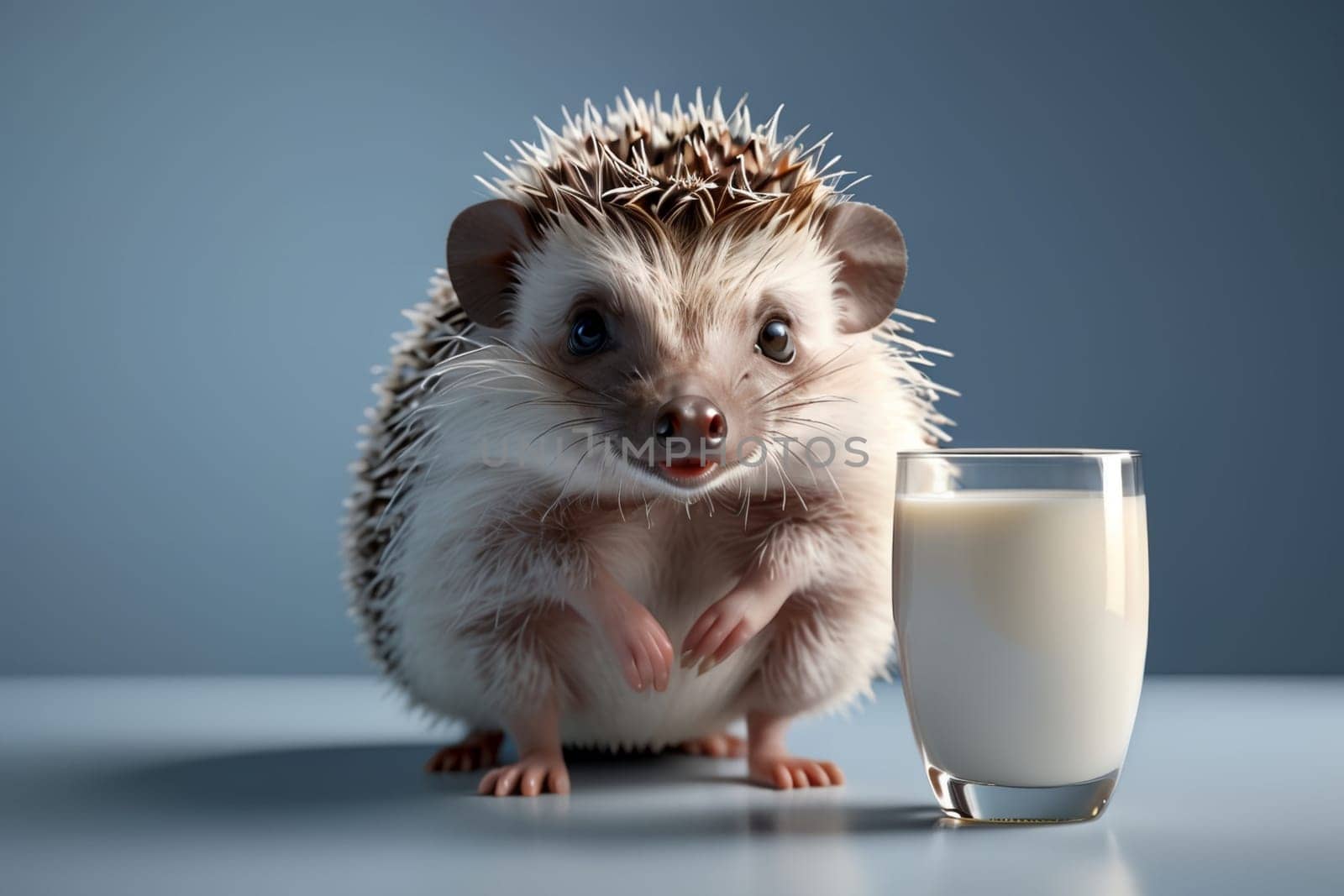 cute beautiful hedgehog and fresh milk in a glass on a blue background by Rawlik