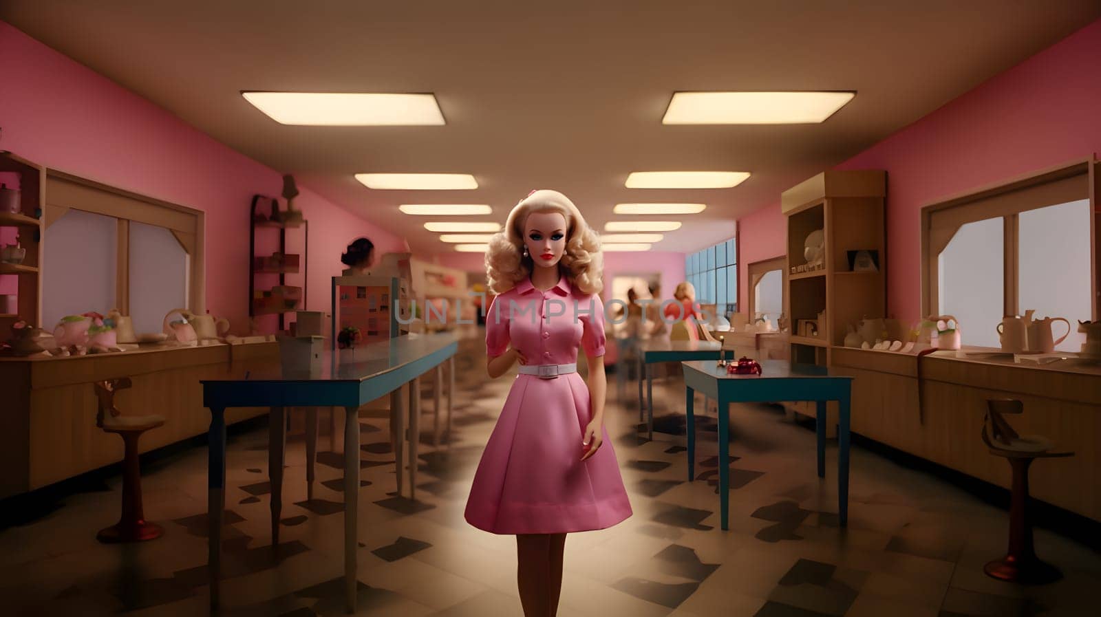 A Barbie doll in a pink dress with blond hair stands in a classroom. by ThemesS