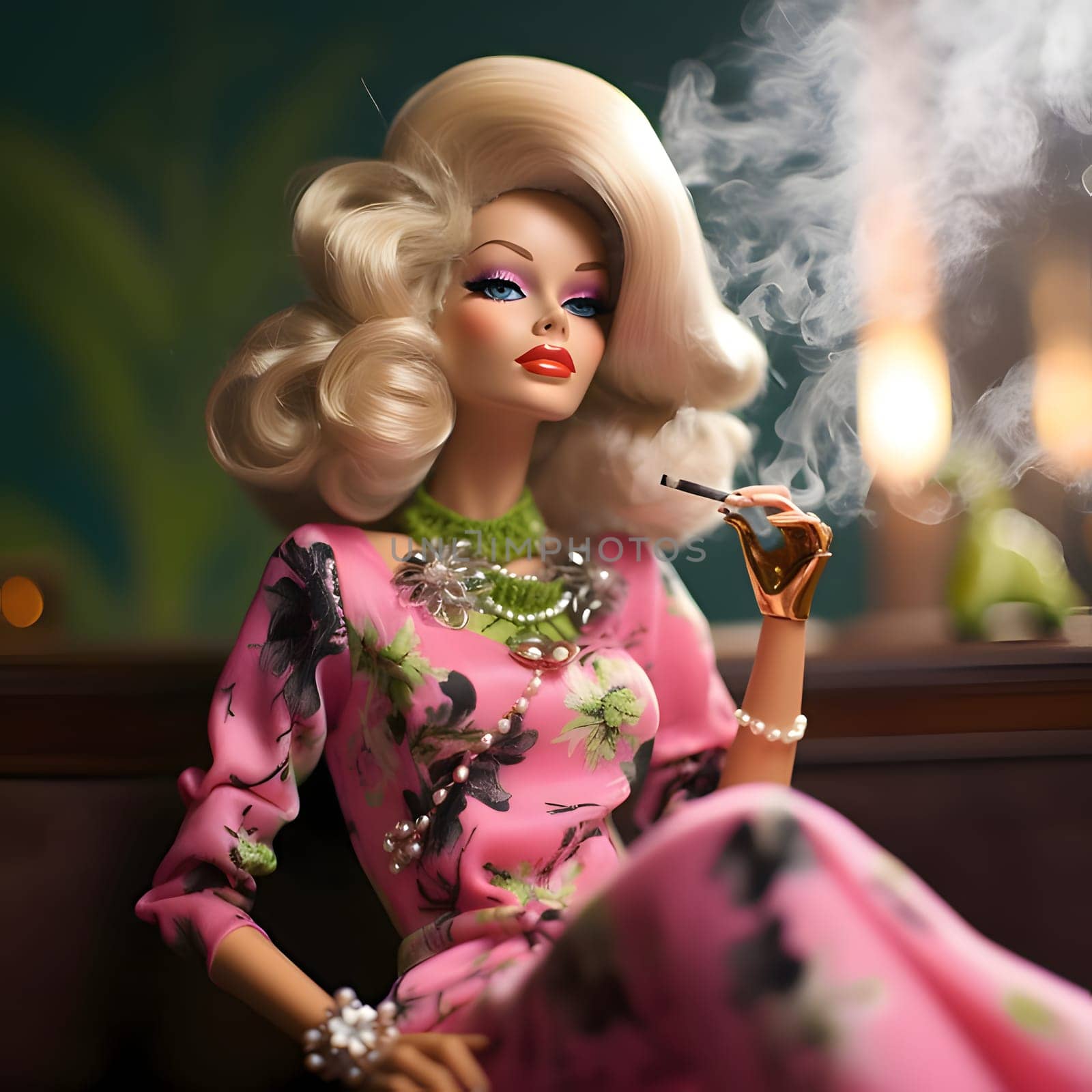 Barbie doll, wearing a pink floral dress with blonde hair, sits with a cigarette in her hand. by ThemesS