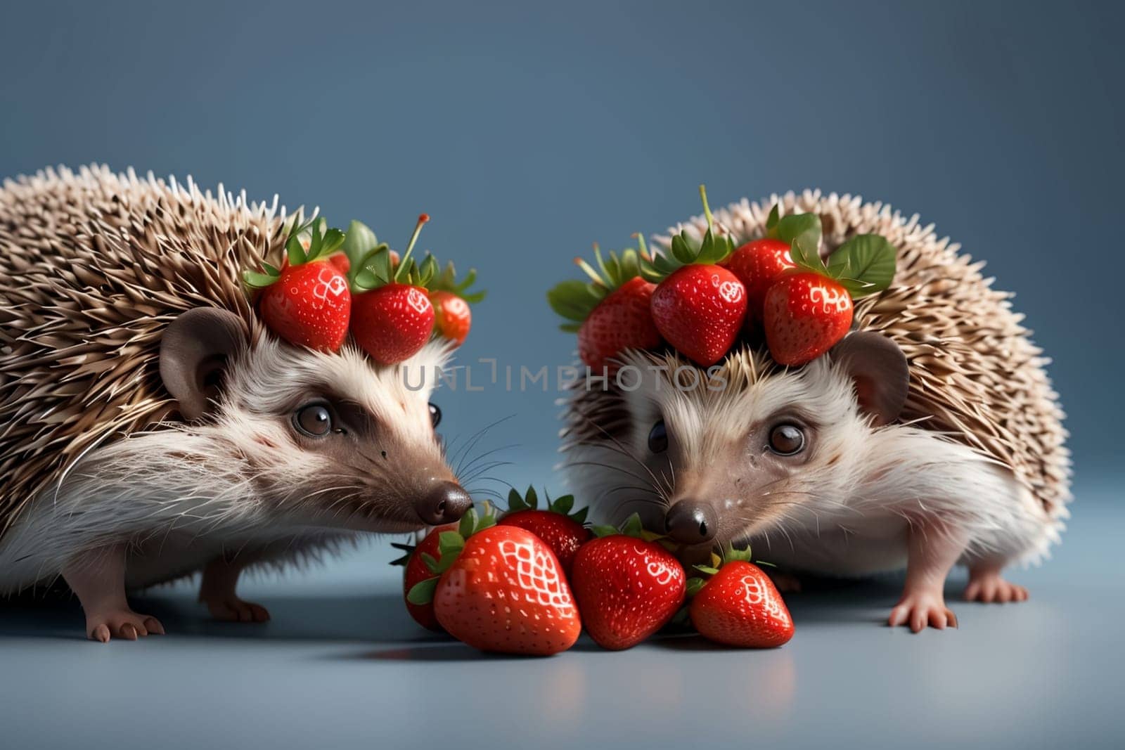 cute beautiful hedgehog and fresh strawberries .