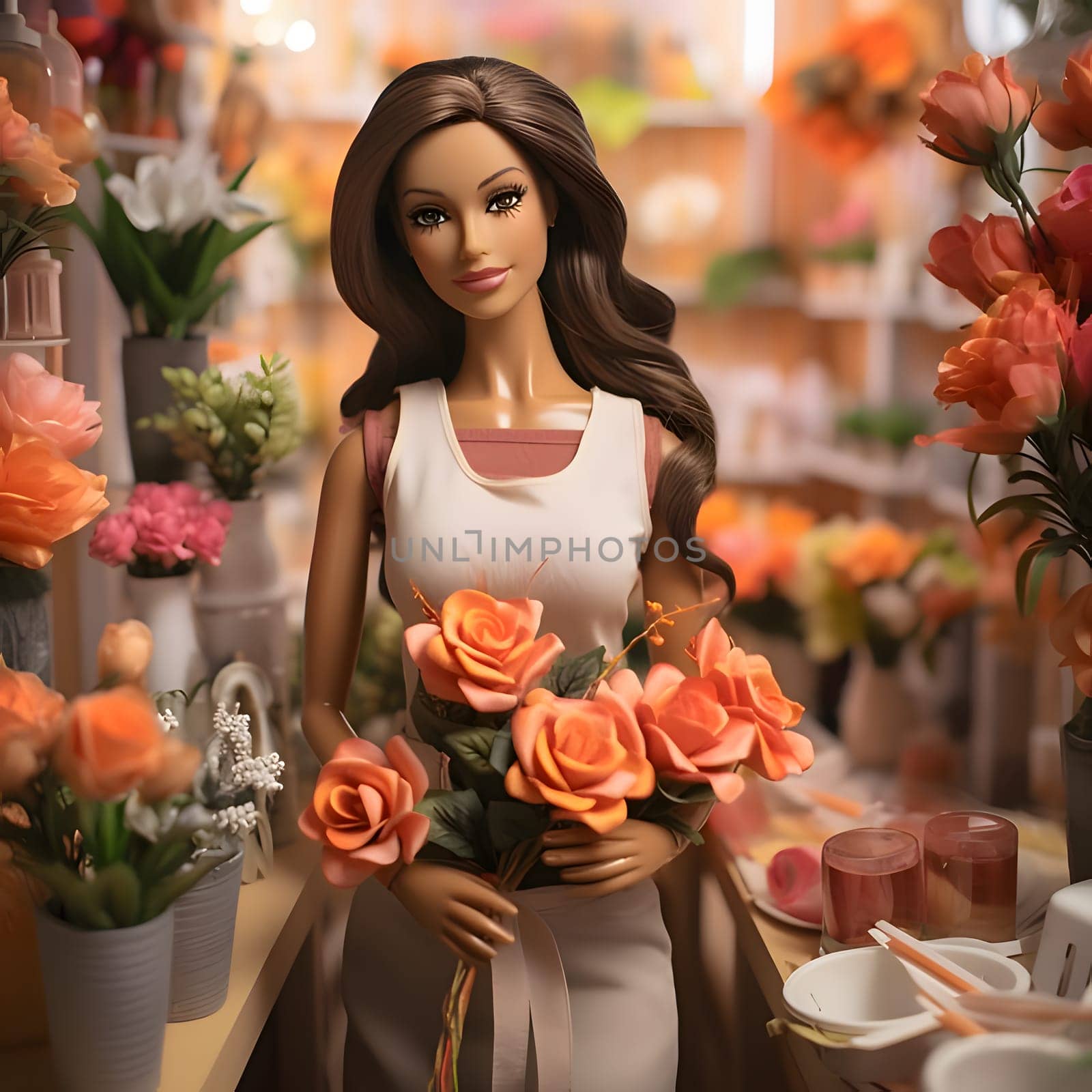 In a bright and vibrant outfit, brown-haired Barbie looks delightful as she holds a bouquet of colorful flowers, exploring the flower shop with joy.