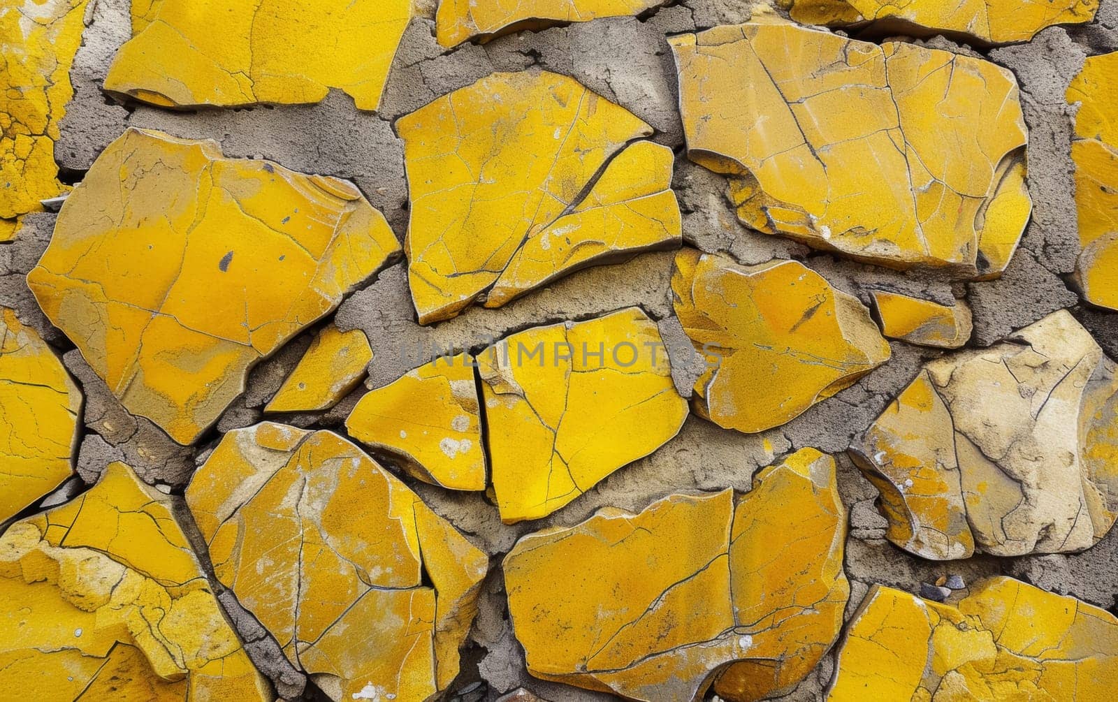 Close-up of a textured wall with interlocked yellow stones, exhibiting natural patterns and a rugged surface