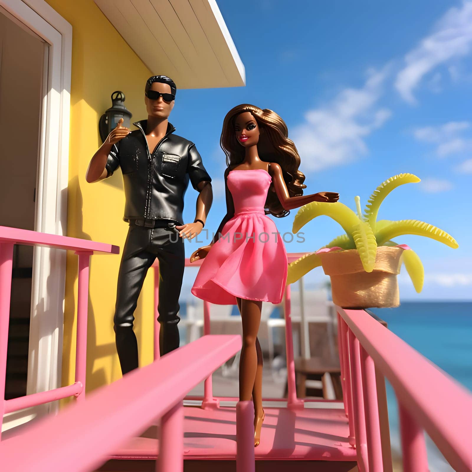 Brown-haired Barbie along with Ken in black skin in a room overlooking the sea. by ThemesS