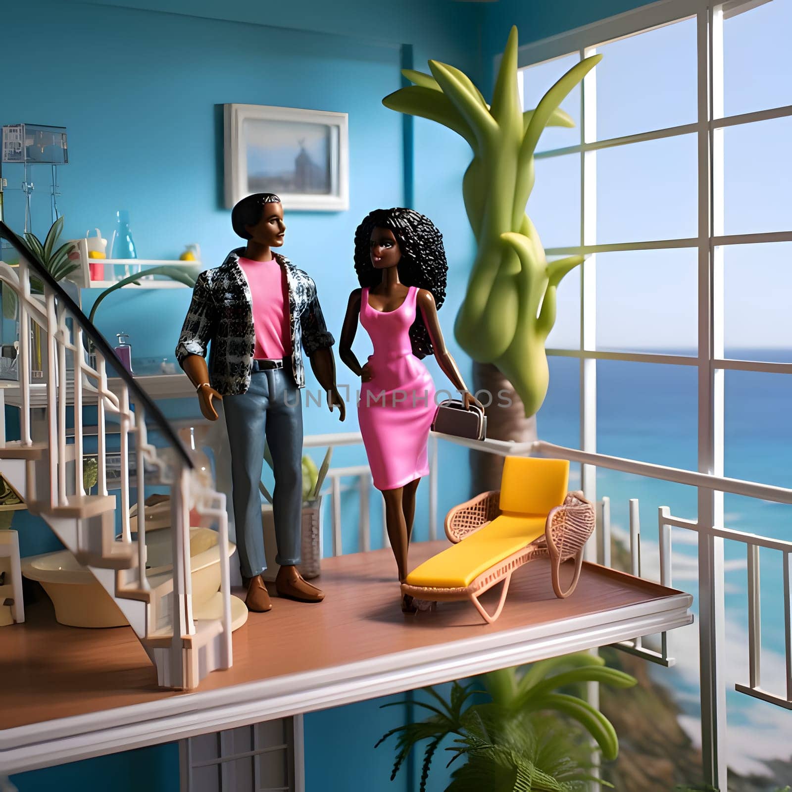 Brown-haired Barbie along with Ken in black skin in a room overlooking the sea. by ThemesS