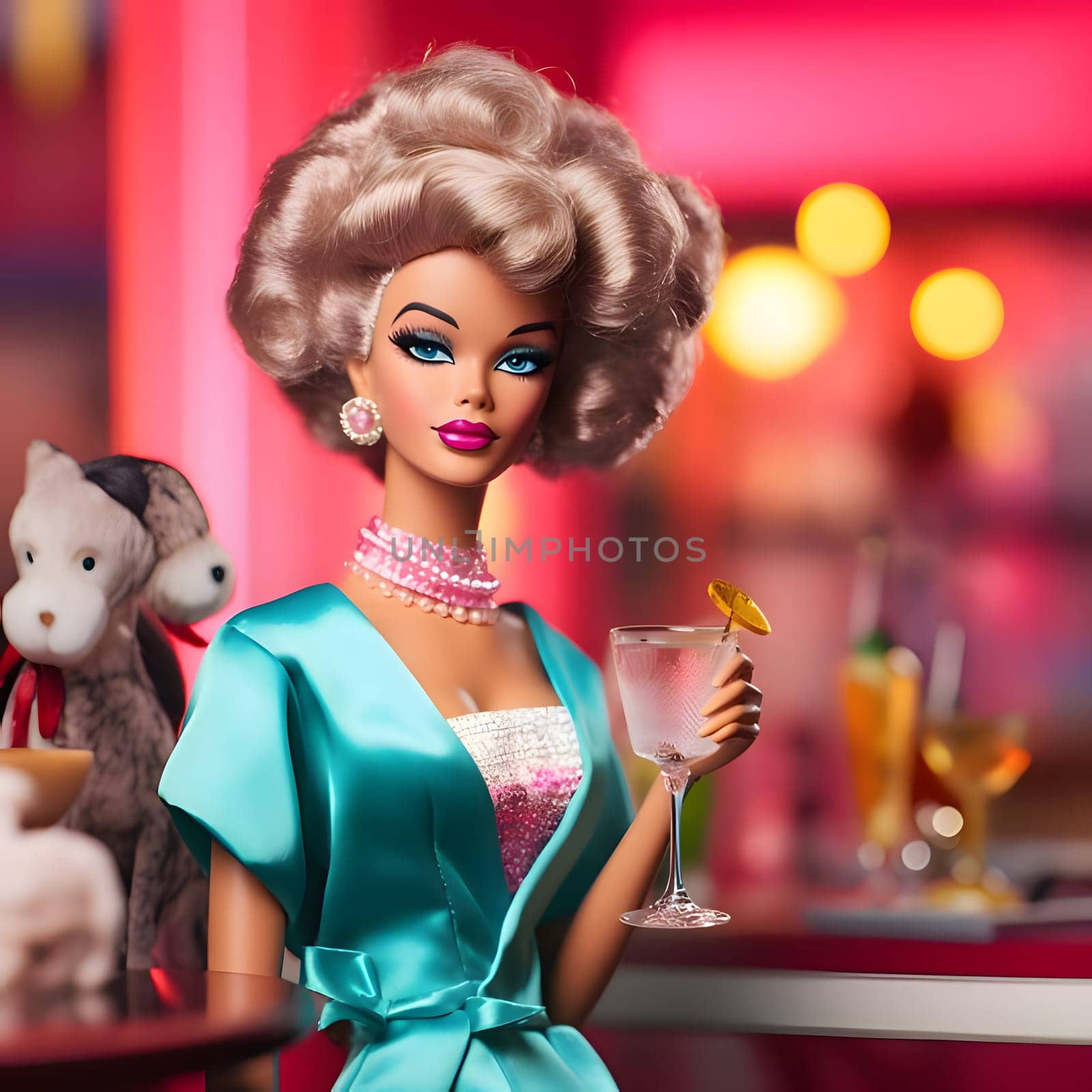 Blonde-haired Barbie with a drink and doggies on a smudged pink and yellow background. by ThemesS