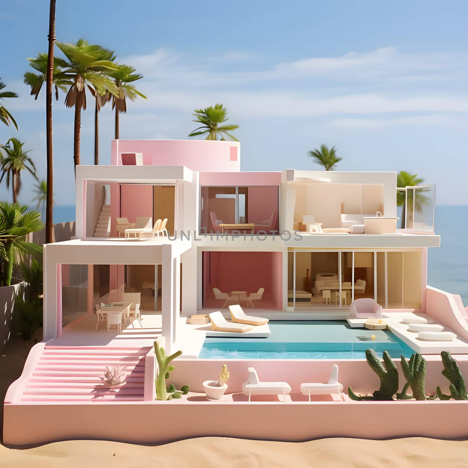 A luxurious pink mansion, designed in Barbie style, exudes elegance and charm with its vibrant colors and glamorous details.