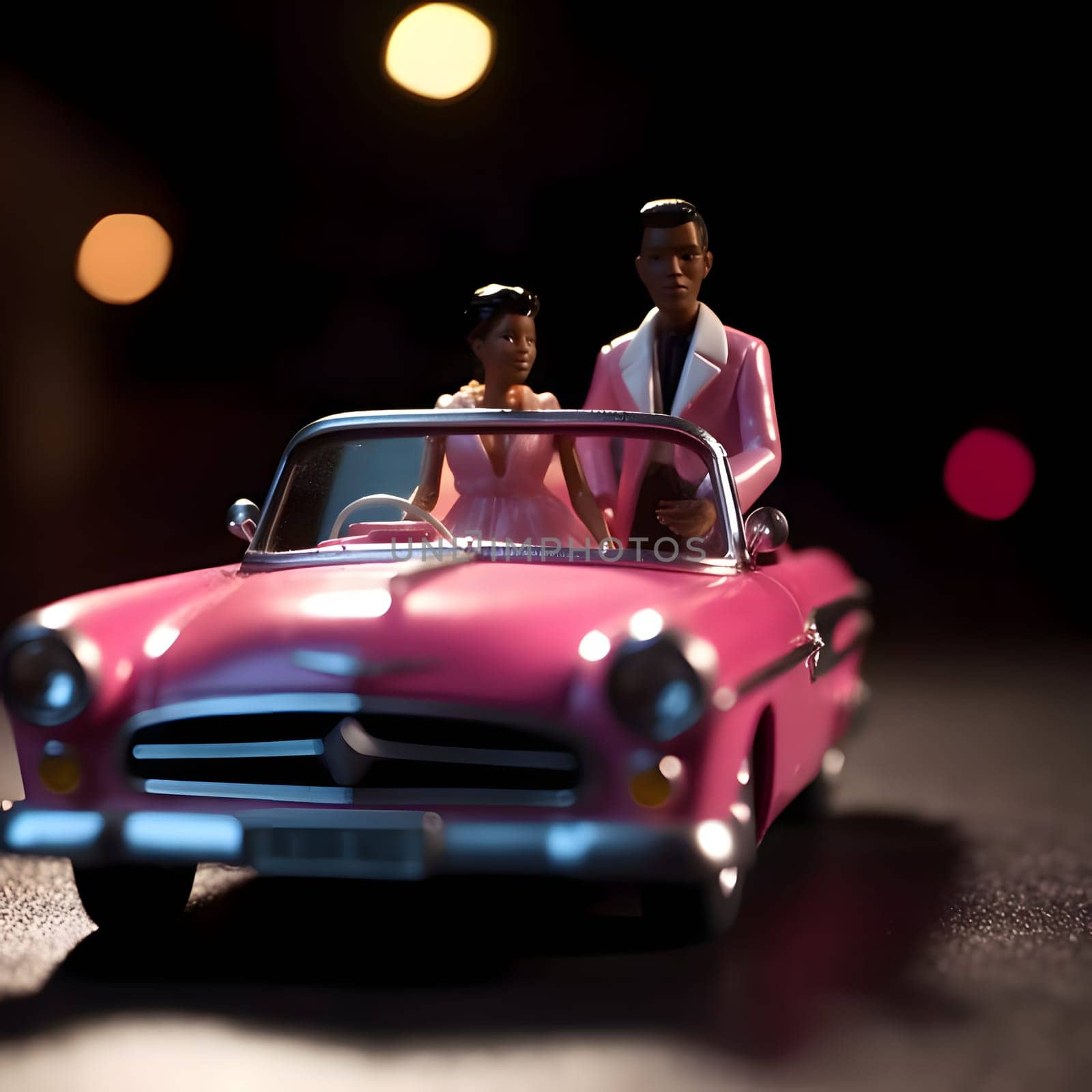 Black Barbie and Ken in an old pink car on a black background. by ThemesS