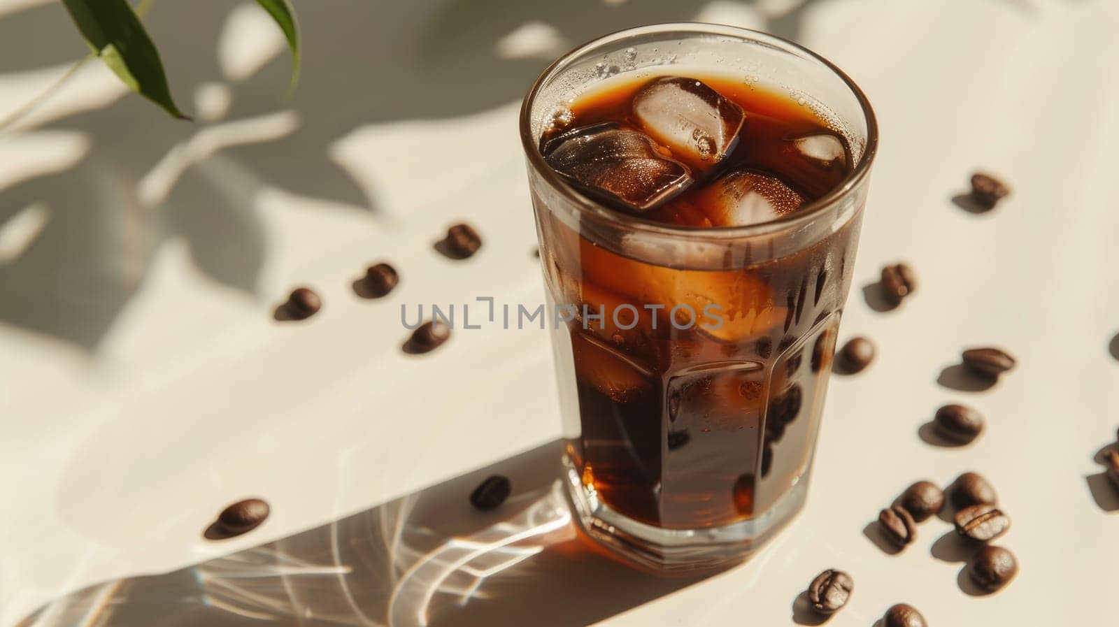 A glass of coffee with ice cubes in it is sitting on a table with coffee beans.