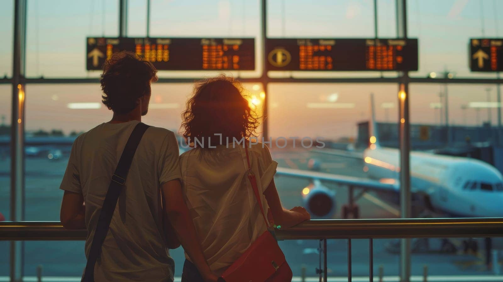 Couple traveling and looking at the flight schedule at the airport, Attractive couple in an airport.
