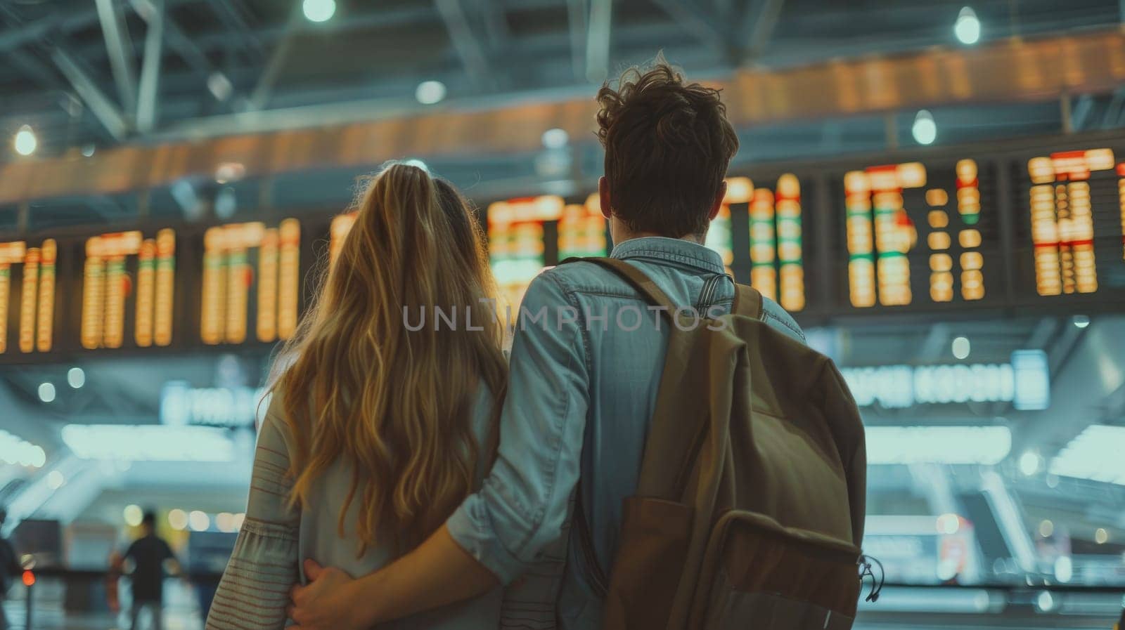 Couple traveling and looking at the flight schedule at the airport, Attractive couple in an airport.